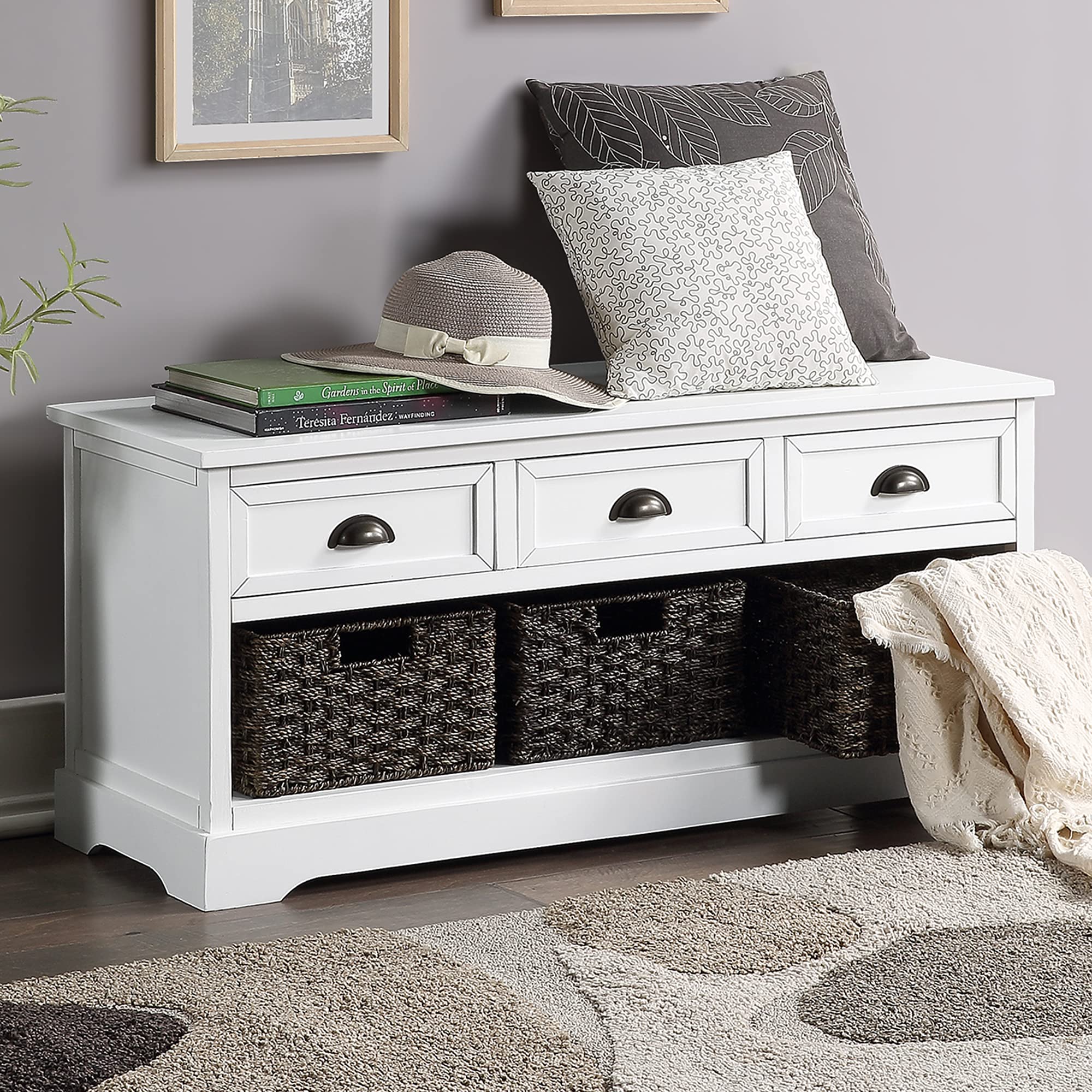 White Wooden Storage Bench with 3 Drawers & 3 Woven Baskets - Entryway Organizer for Shoes, Coats & Home Decor | Perfect for Hallway, Bedroom or Living Room Storage