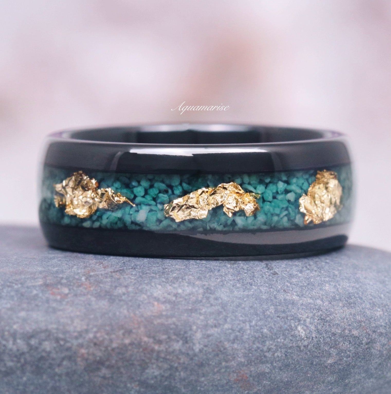8MM Black Tungsten Wedding Band with Moss Agate & Gold Leaf - Elegant Unisex Ring for Men & Women, Perfect for Engagement, Anniversary, and Special Occasions