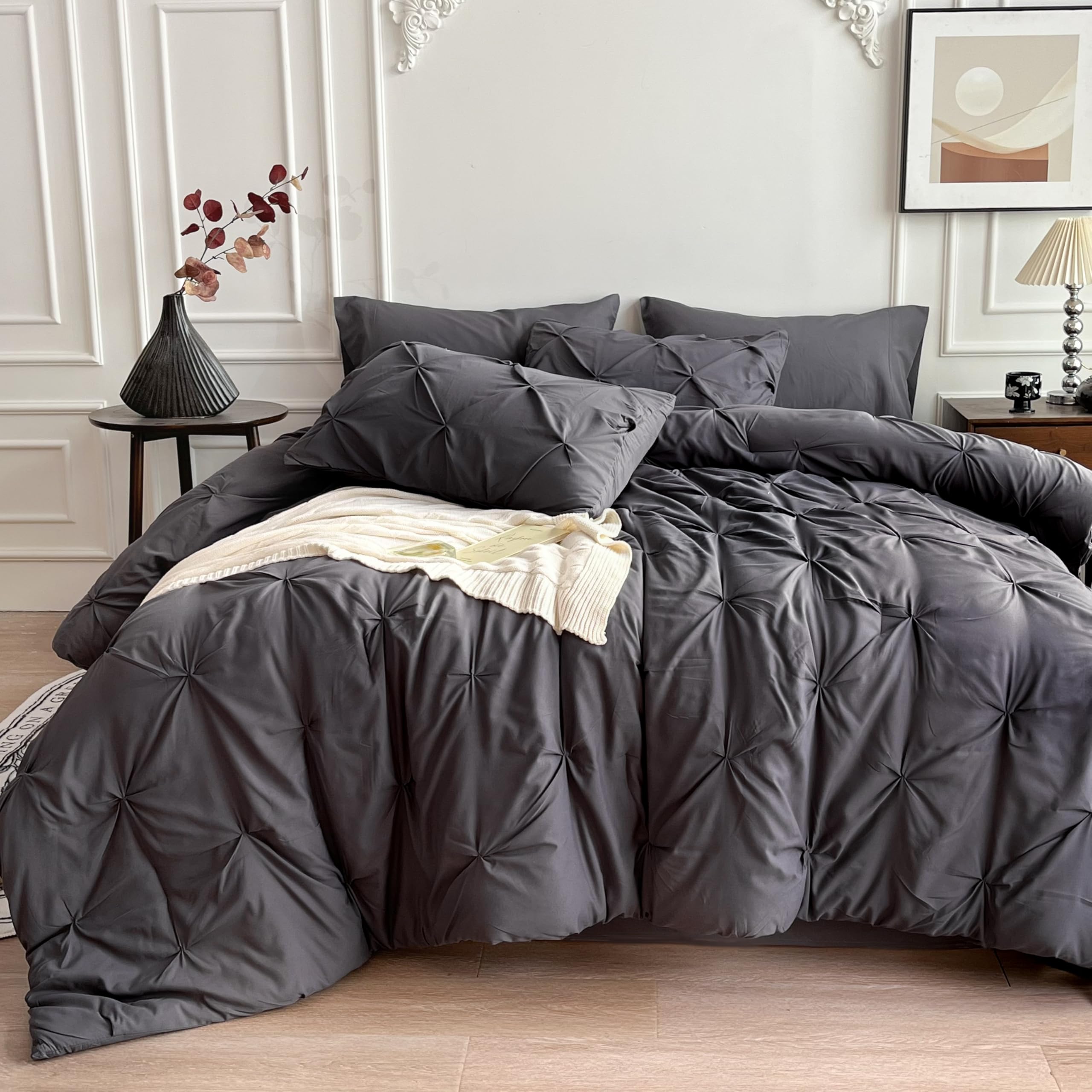Maple&Stone 7-Piece King Size Comforter Set - Pintuck Bedding in a Bag with Comforter, Sheets, Pillowcases & Shams, Dark Grey - Luxury Bedroom Decor for Master Suite, Guest Room & Hotel Style Bedding