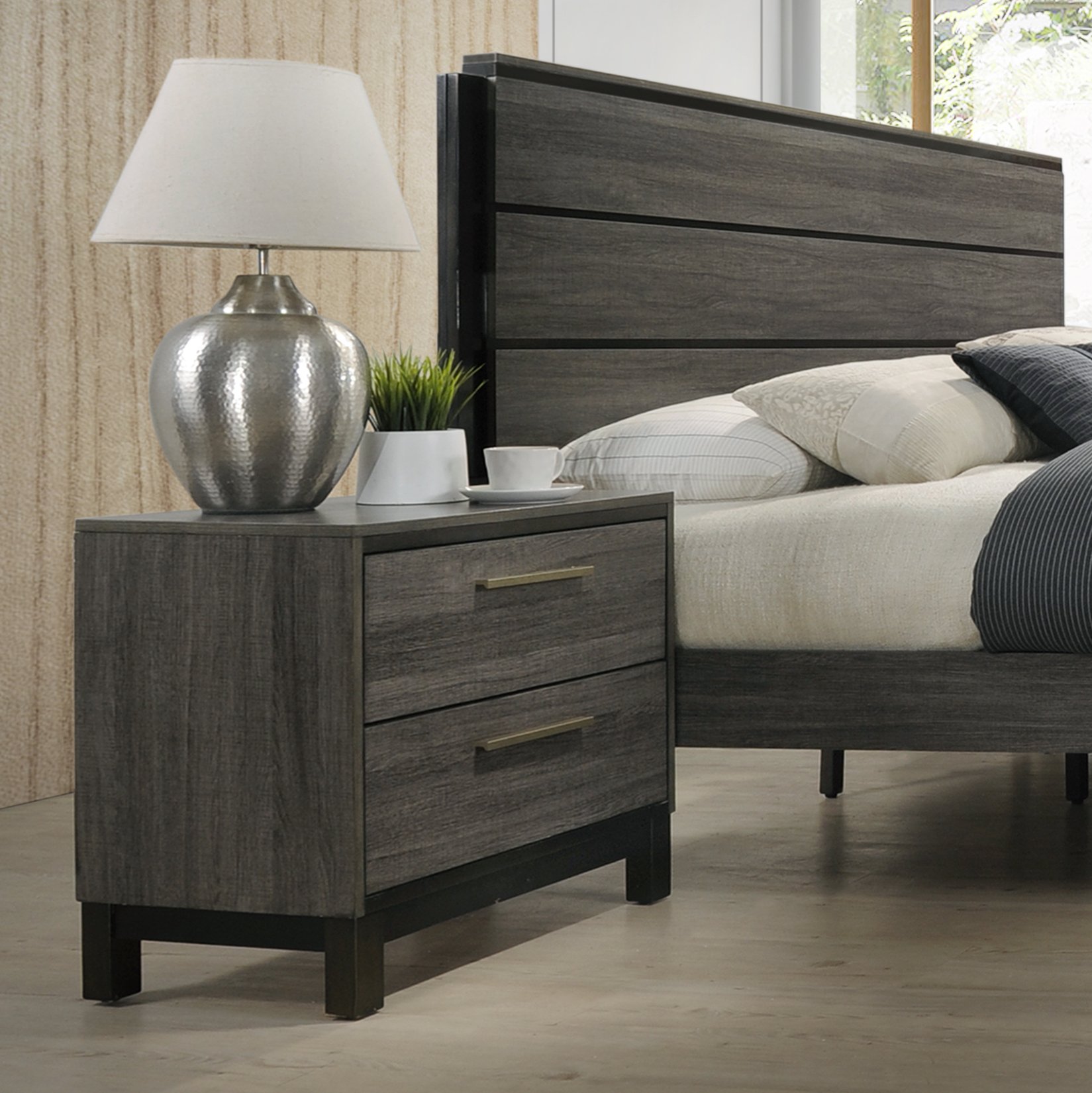 Roundhill Furniture Loana Wood 2-Drawer Nightstand, Antique Grey - Bedside Table for Bedroom, Living Room & Guest Room - Compact Storage Solution with Two Drawers