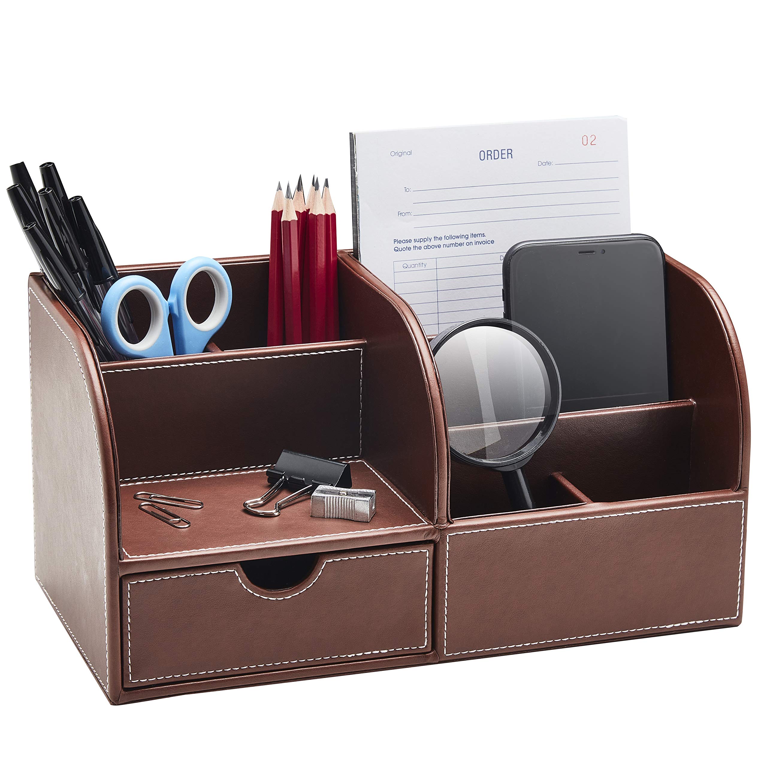 Premium GALLAWAY LEATHER Desk Organizer Caddy - Large Brown Office Desk Accessory for Men | Holds Pens, Pencils, Business Cards & Smartphones | Perfect for Home Office, School & Workspace Organization