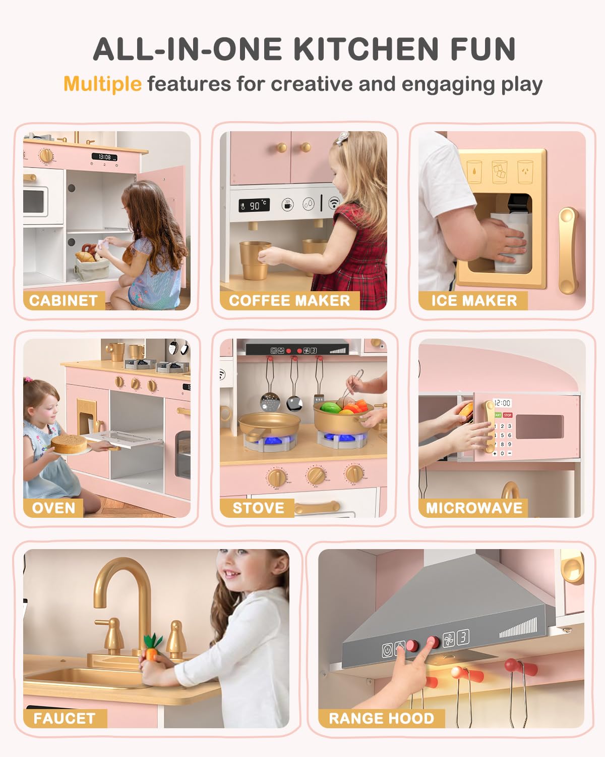 Babytronic Wooden Play Kitchen Set for Kids - Pretend Play Toy Kitchen with Lights & Sounds, Stove, Oven, Microwave & Coffee Maker Accessories - Educational Toddler Toy for Ages 3+ (Pink) - Perfect for Imaginative Play, Preschool Learning & Birthday Gifts