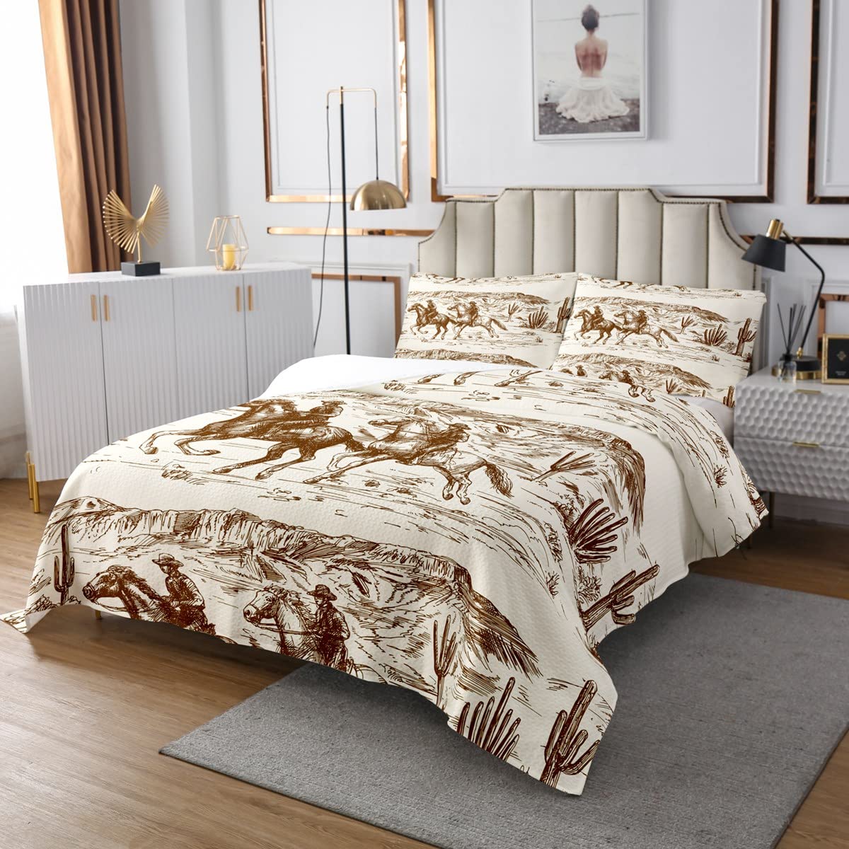Western Cowboy Twin Size Quilt Set - Hand Drawn Wild West Desert Illustration, Country Themed Bedspread for Boys, Men & Teens | Perfect for Ranch, Cabin & Southwestern Bedroom Decor