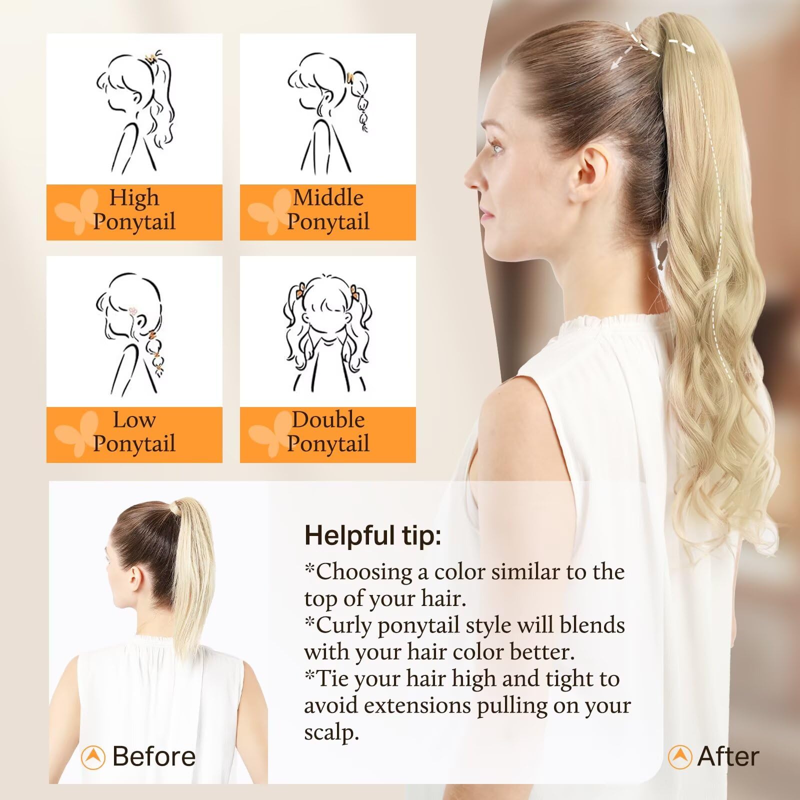 DOORES 16 Inch Clip in Human Hair Ponytail Extensions - Bleach Blonde 80g Real Hair Ponytail Wrap with Magic Paste for Silky Straight Hair - Perfect for Parties, Weddings & Daily Styling