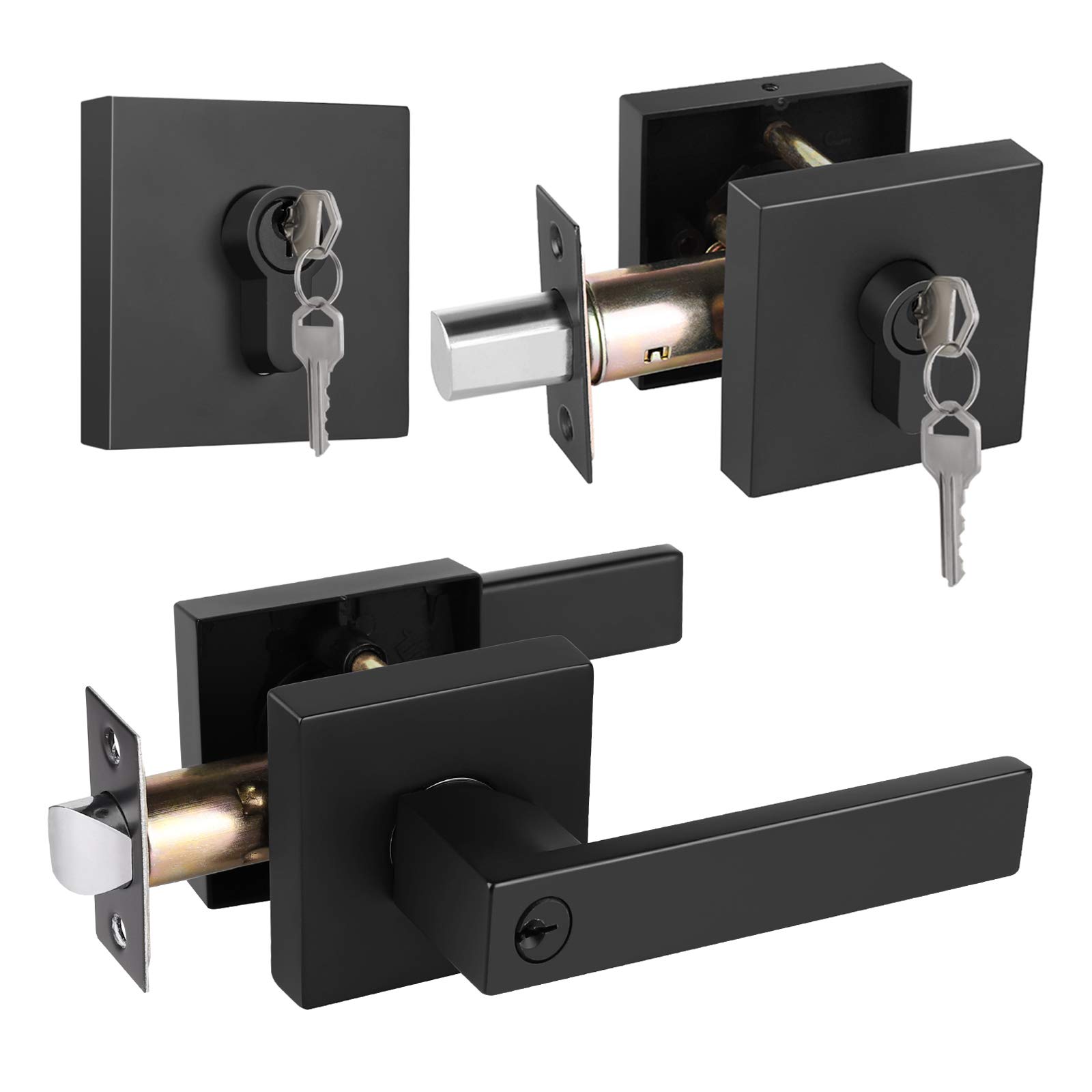 Gobrico 2-Pack Matte Black Exterior Door Lever & Deadbolt Combo Set - Keyed Alike Square Handle with Double Cylinder Deadbolt - Entry Door Lockset Hardware for Home, Office & Commercial Security