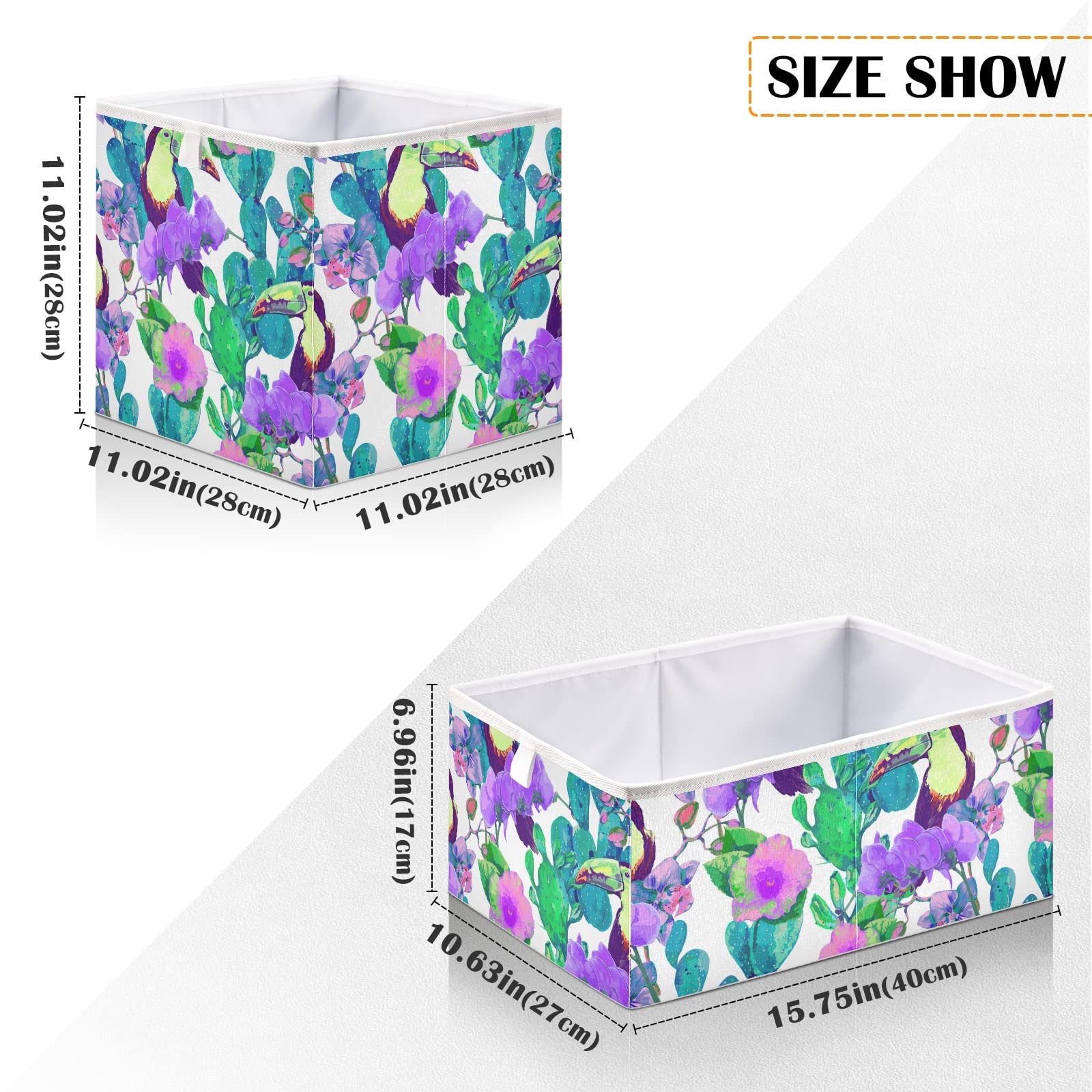 Foldable Collapsible Storage Baskets with Toucan Bird Design - 11 x 11 Inch Decorative Organizer for Shelves, Closet, Pantry & Nursery | Perfect for Home Organization & Space Saving