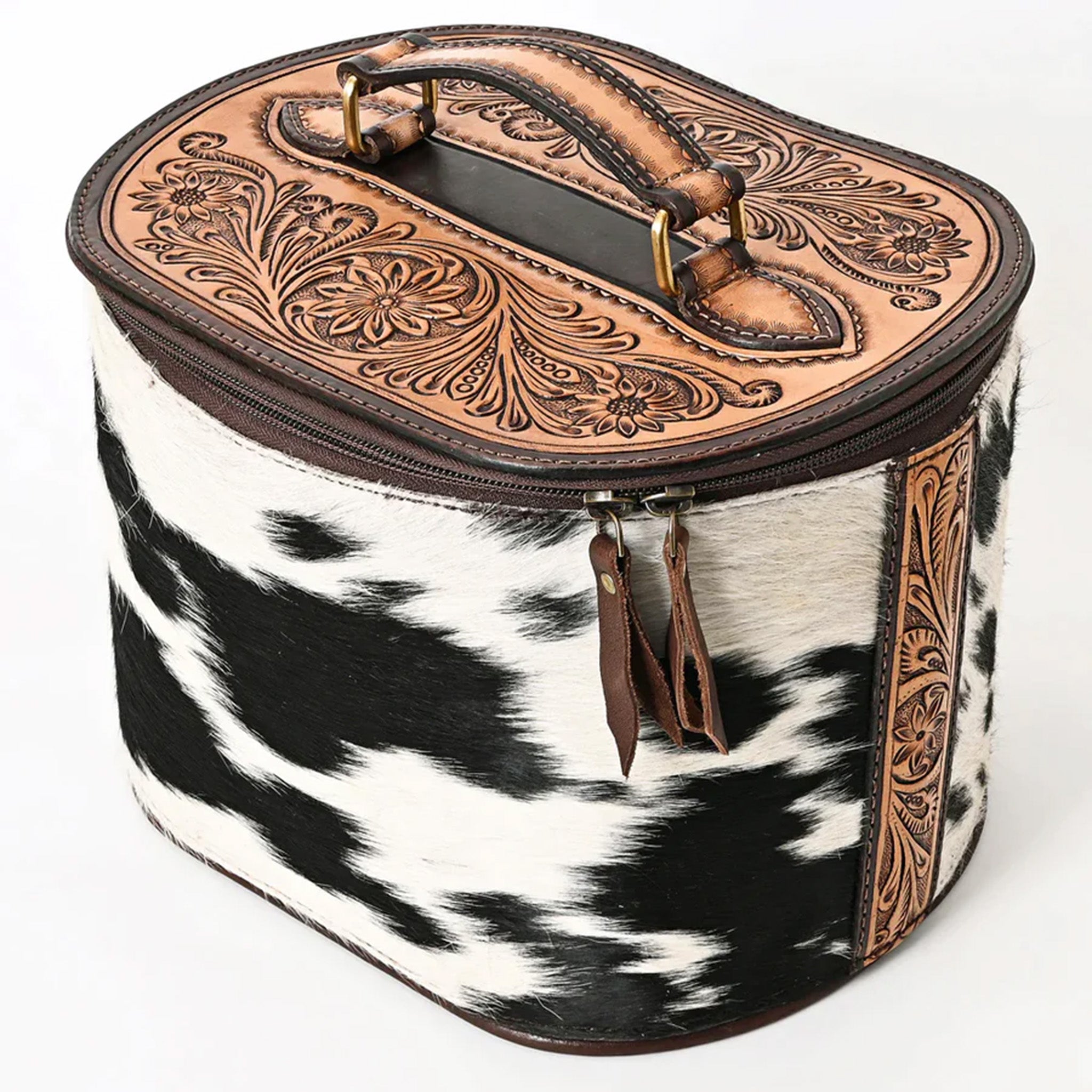 American Darling Genuine Leather Hide & Tooled Oval Case - Perfect for Jewelry, Sunglasses & Travel Accessories Storage