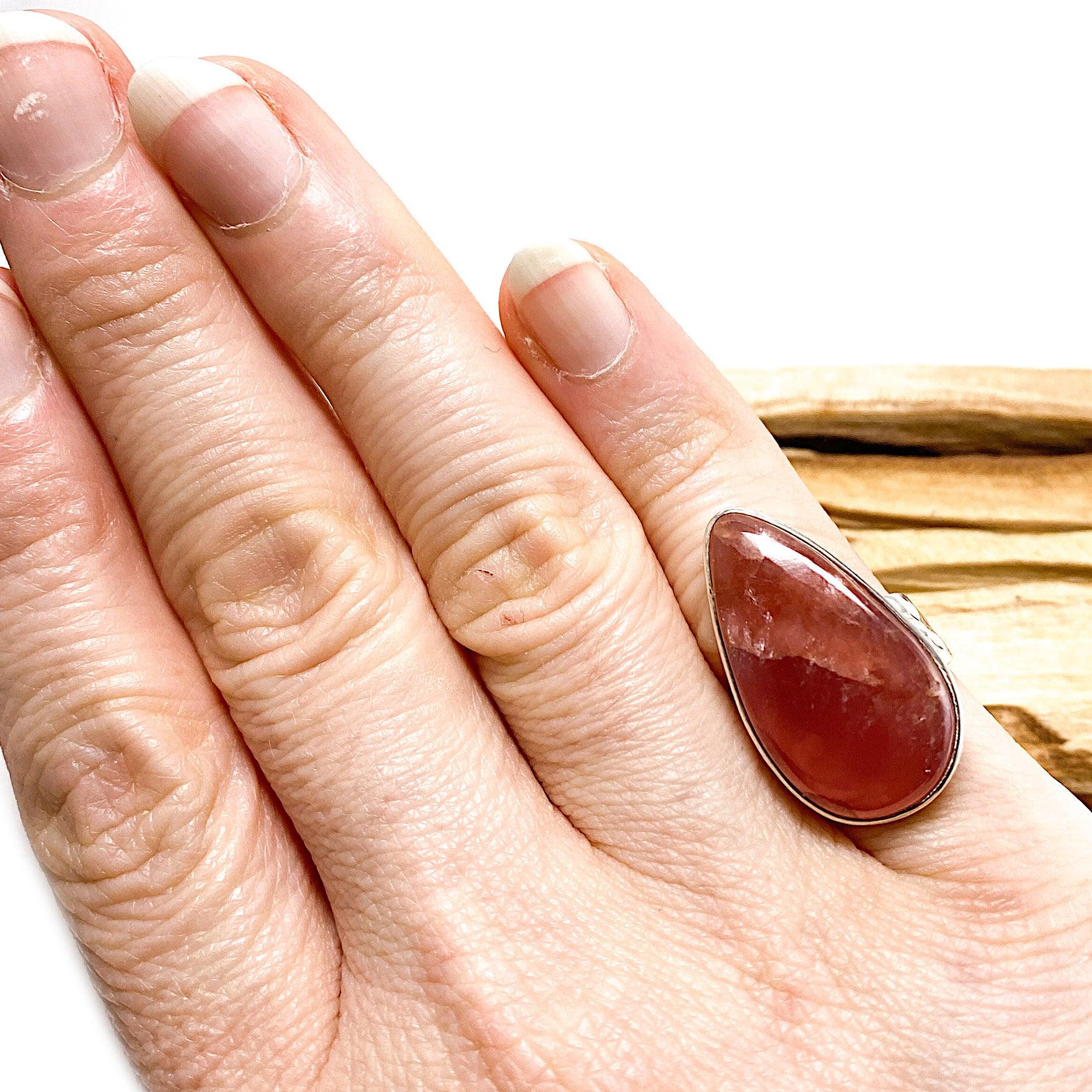 Rhodochrosite Teardrop Cabochon Ring with Beaten Band - Size 7.5 (KRGJ461) - Elegant Handmade Jewelry for Women, Perfect for Weddings, Parties & Special Occasions