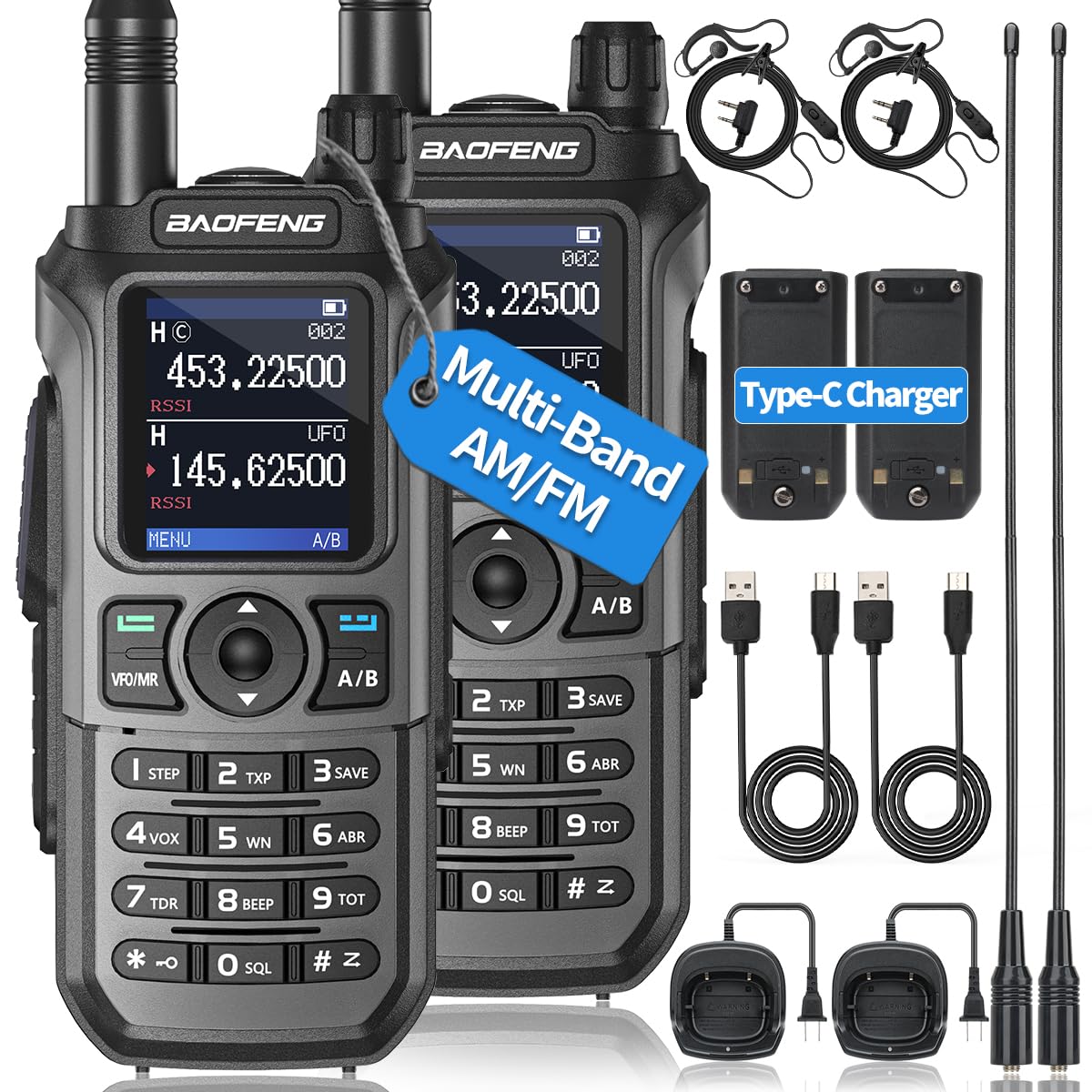 BaoFeng UV-21R Long Range Two Way Radio Walkie Talkies (2 Pack) - Rechargeable Ham Radio with USB Charger, NOAA Weather Receiver, 999 Channels & VOX Function - Perfect for Outdoor Adventures, Hiking, Camping and Emergency Communication