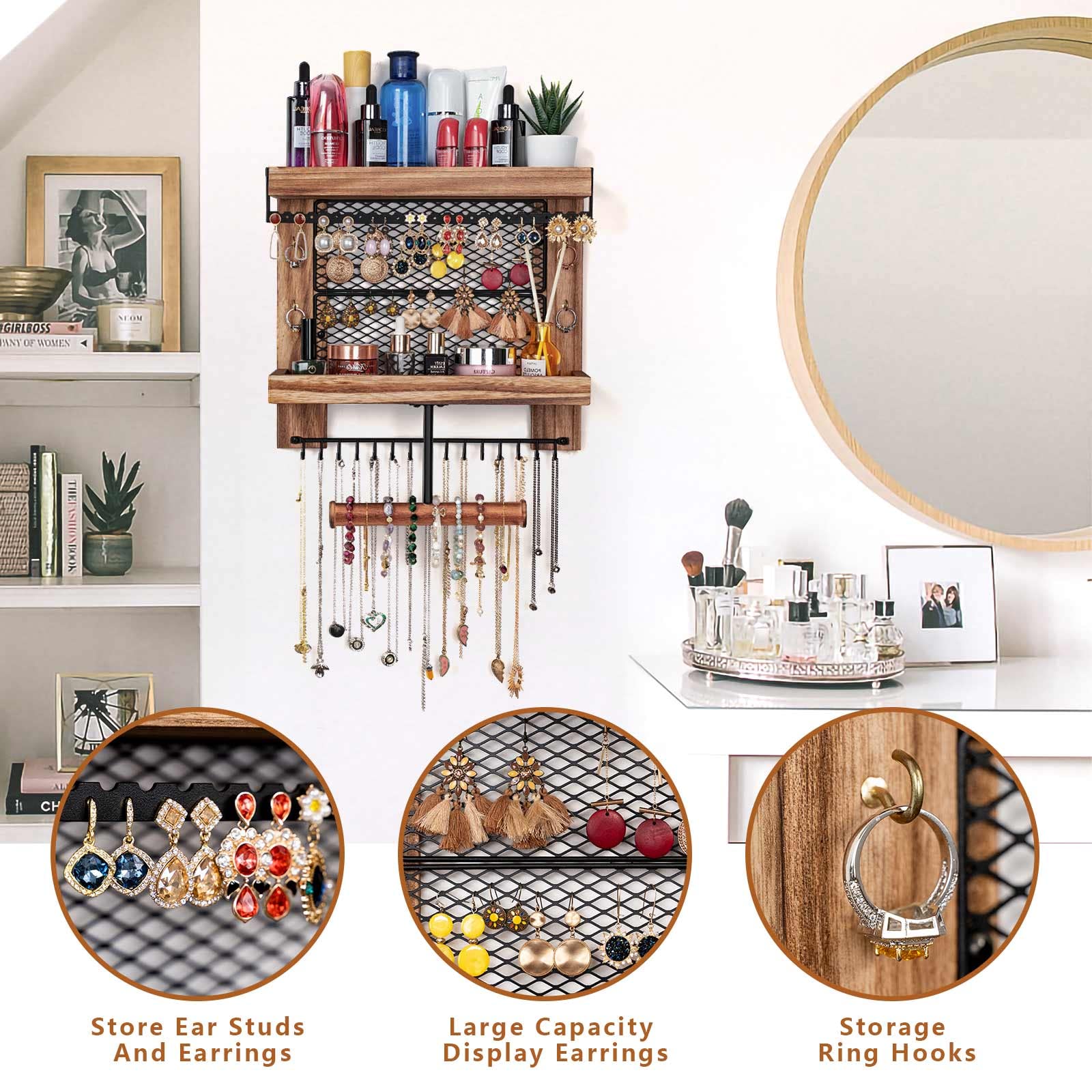 Pinzoveco Rustic Wood Hanging Jewelry Organizer Wall Mounted - Necklace Bracelet Earring Ring Holder for Bedroom, Closet & Bathroom Organization