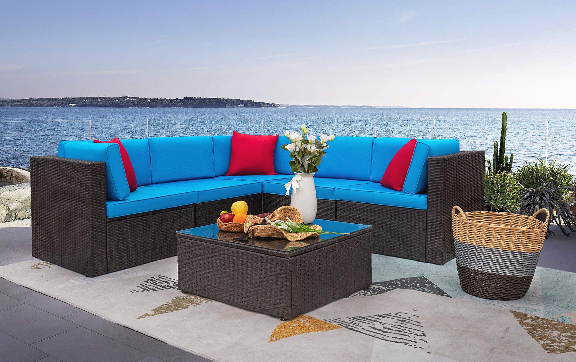Homall 6-Piece Outdoor Patio Furniture Set - All-Weather PE Rattan Sectional Sofa with Cushions & Glass Table - Blue - Perfect for Backyard, Garden, Poolside & Patio Relaxation
