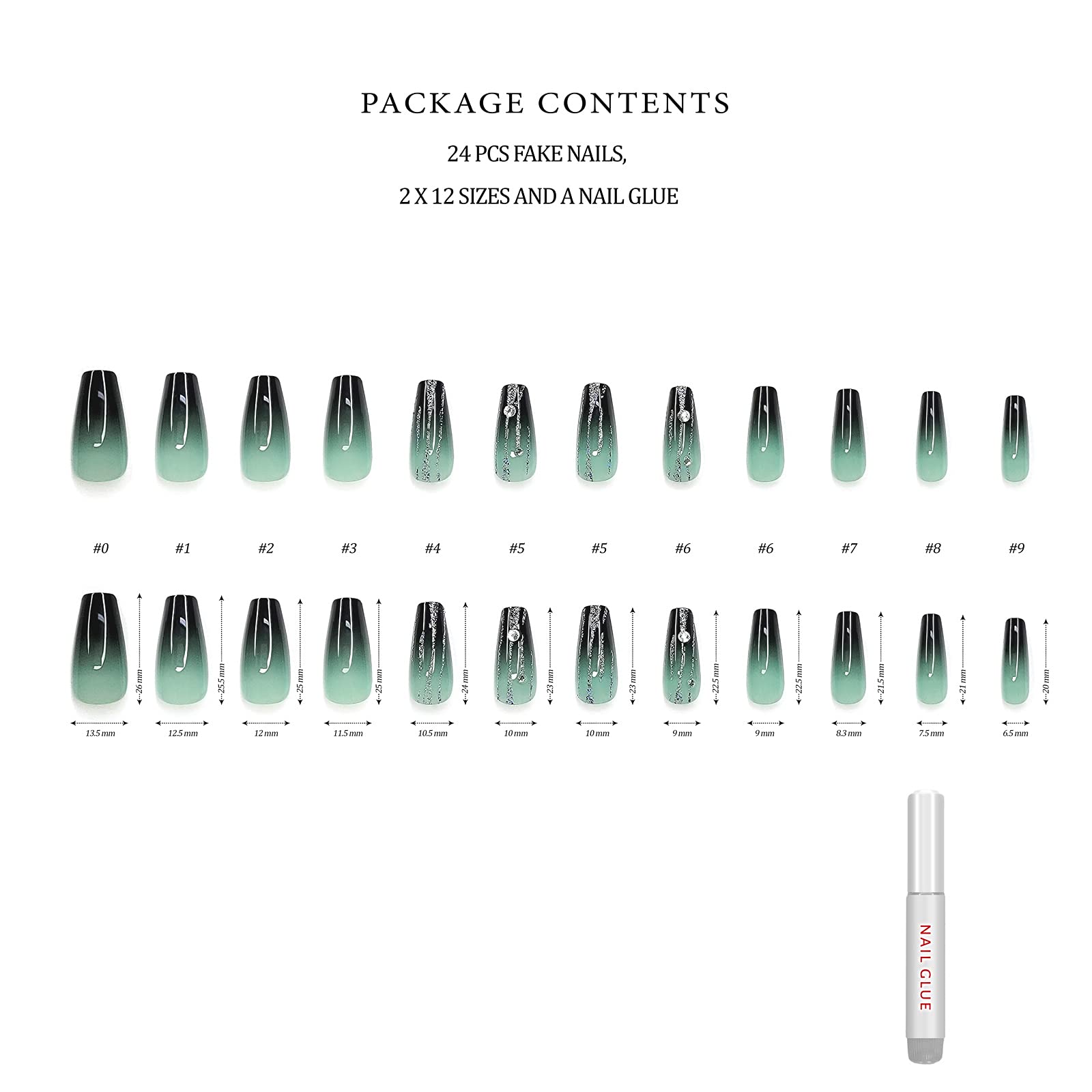 Hypnaughty 24 Pcs LUXE Black to Green Ombre Press on Nails - Glitter & Rhinestone Coffin Fake Nails with Glue - Long Luxury Acrylic Nails for Parties, Weddings & Special Occasions