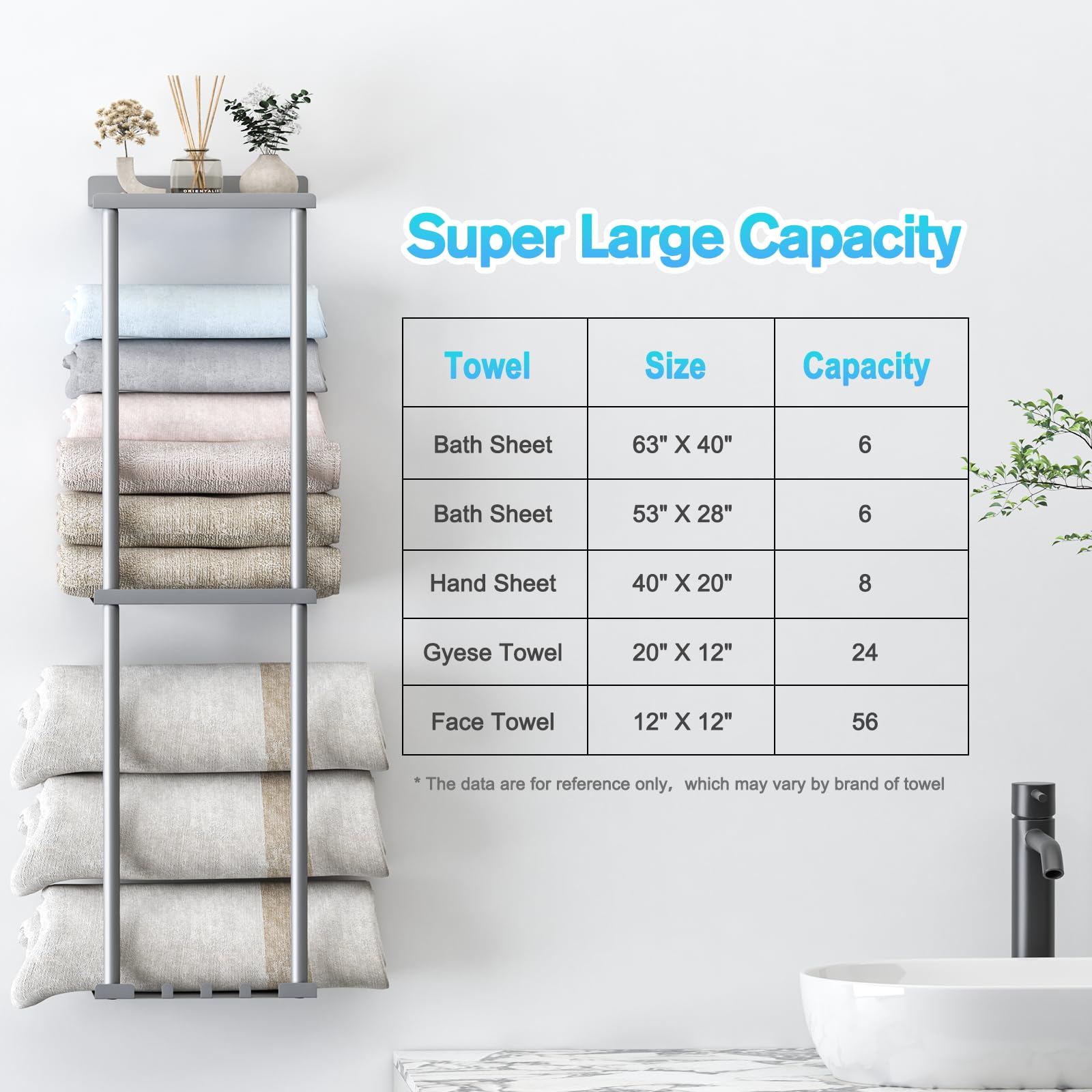 Vertical Wall Mounted Towel Rack Organizer with Shelf - Holds 6 Large Bath Towels, Space Saving Bathroom Storage in Silver Grey - Perfect for Small Bathrooms, Spa Rooms & Laundry Areas