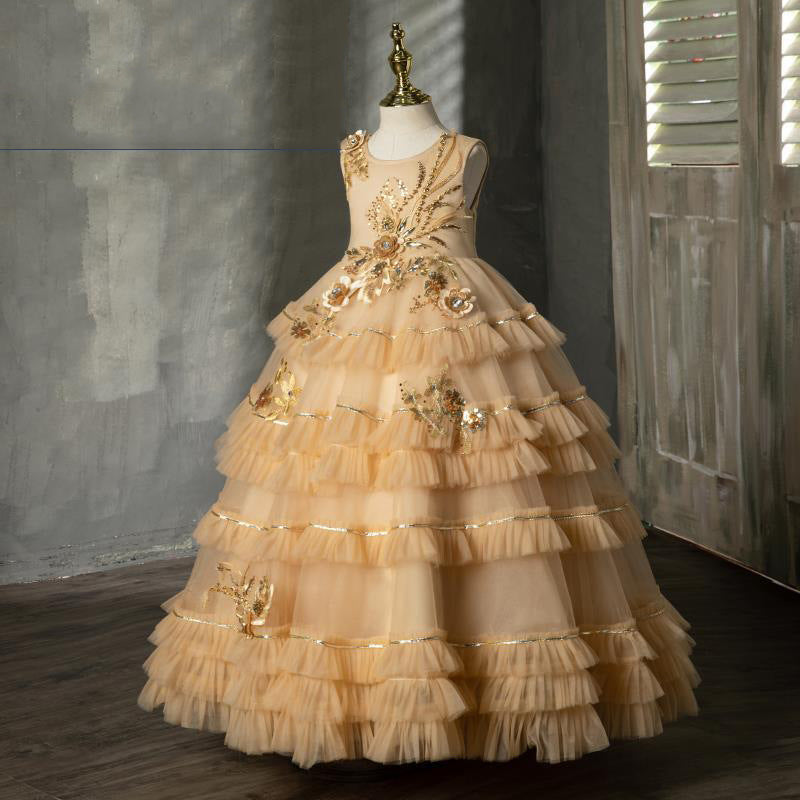 Elegant Champagne Tulle Princess Flower Girl Dress with Lace & Bow - Perfect for Weddings, Baptisms & Special Occasions