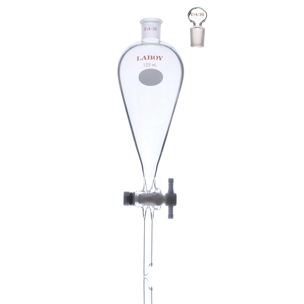 Laboy 125mL Pear-Shaped Conical Separatory Funnel with 14/20 Joint & 2mm PTFE Stopcock - Premium Lab Glassware for Chemical Extraction, Liquid Separation & Laboratory Experiments