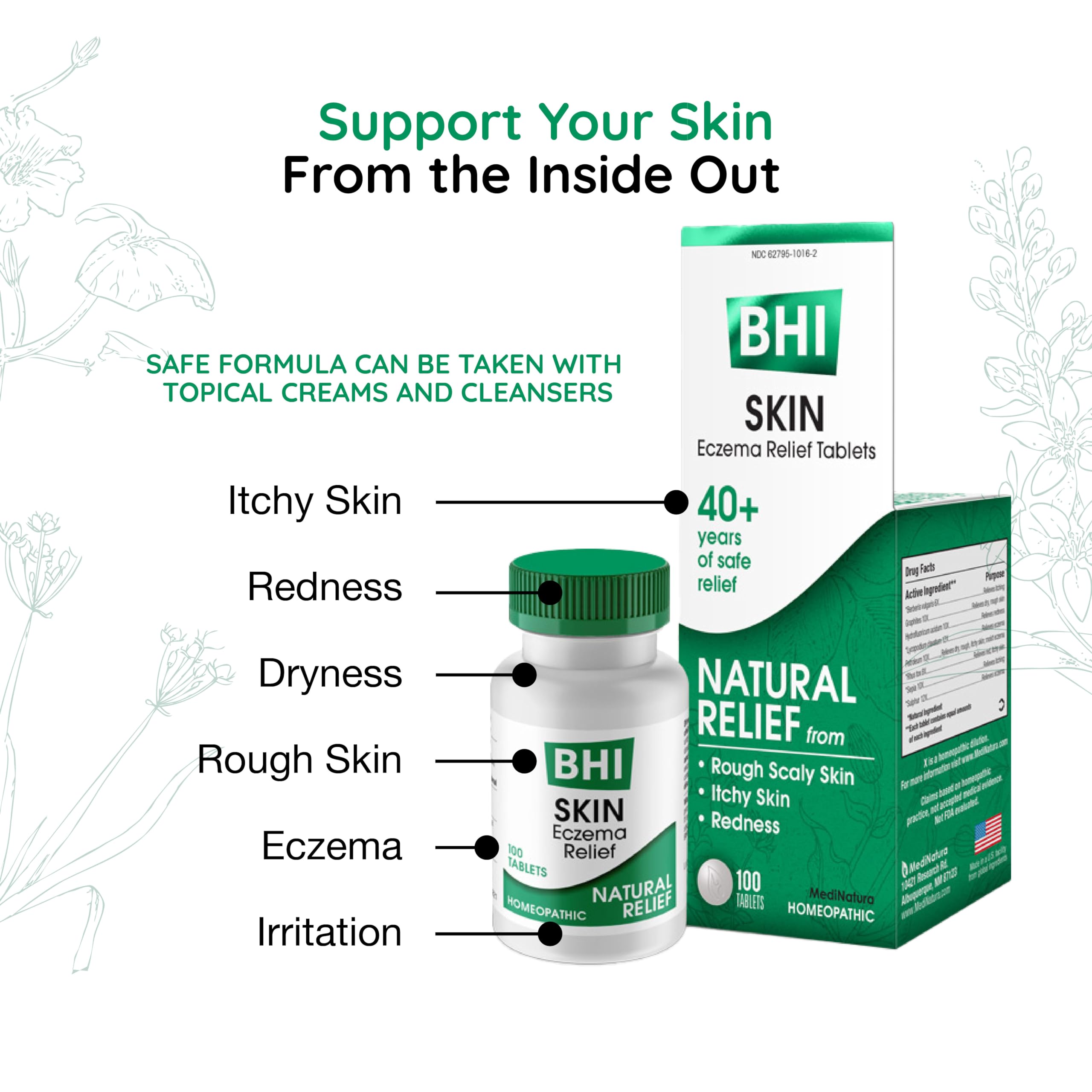 BHI Skin Natural Eczema Relief Remedy - 8 Active Soothing Homeopathic Ingredients for Dry, Red, Itchy Skin Treatment on Face & Body - 100 Tablets | Daily Skin Care Solution for Adults & Kids