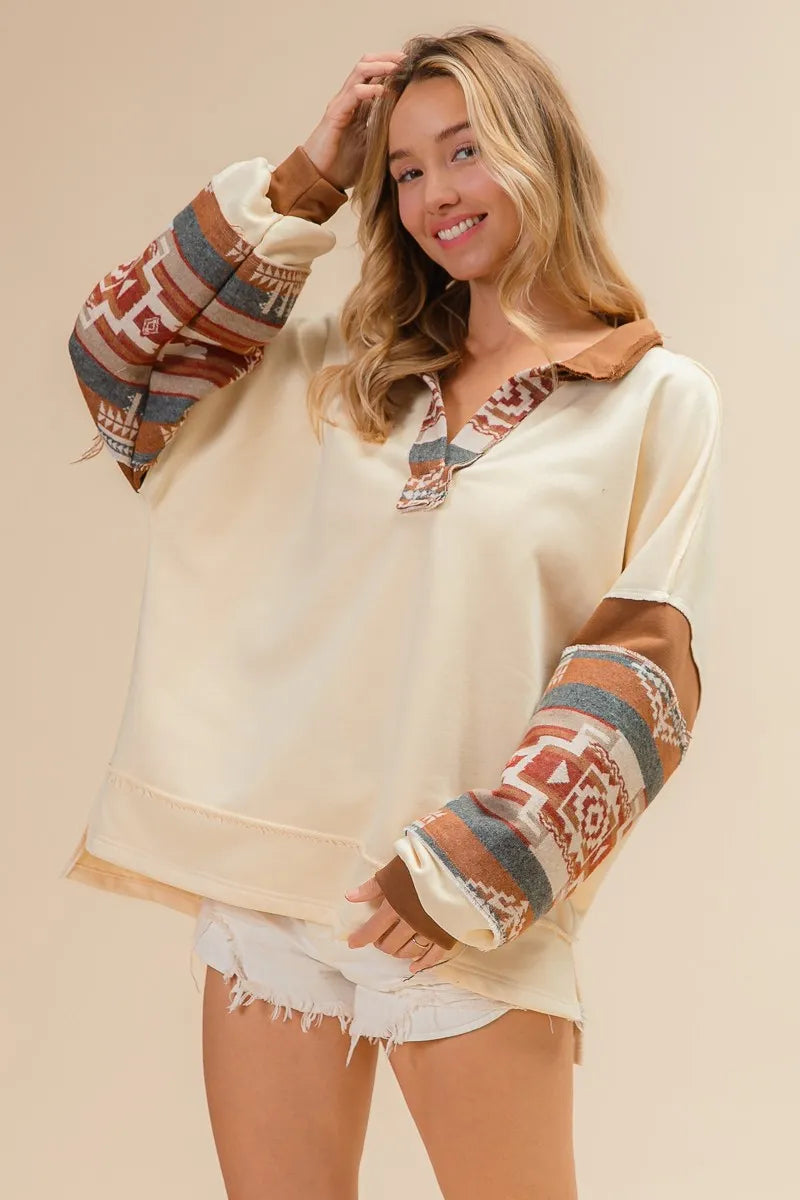 BiBi French Terry Knit and Aztec Print Mixed Top - Stylish Women's Casual Blouse for Everyday Wear | Perfect for Work, Weekend Outings & Date Nights