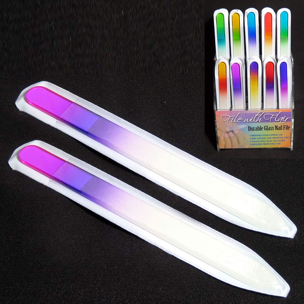 2 Pack Professional Crystal Glass Nail Files with Case - Durable Manicure & Pedicure Tools for Smooth Nails at Home, Salon, or Travel