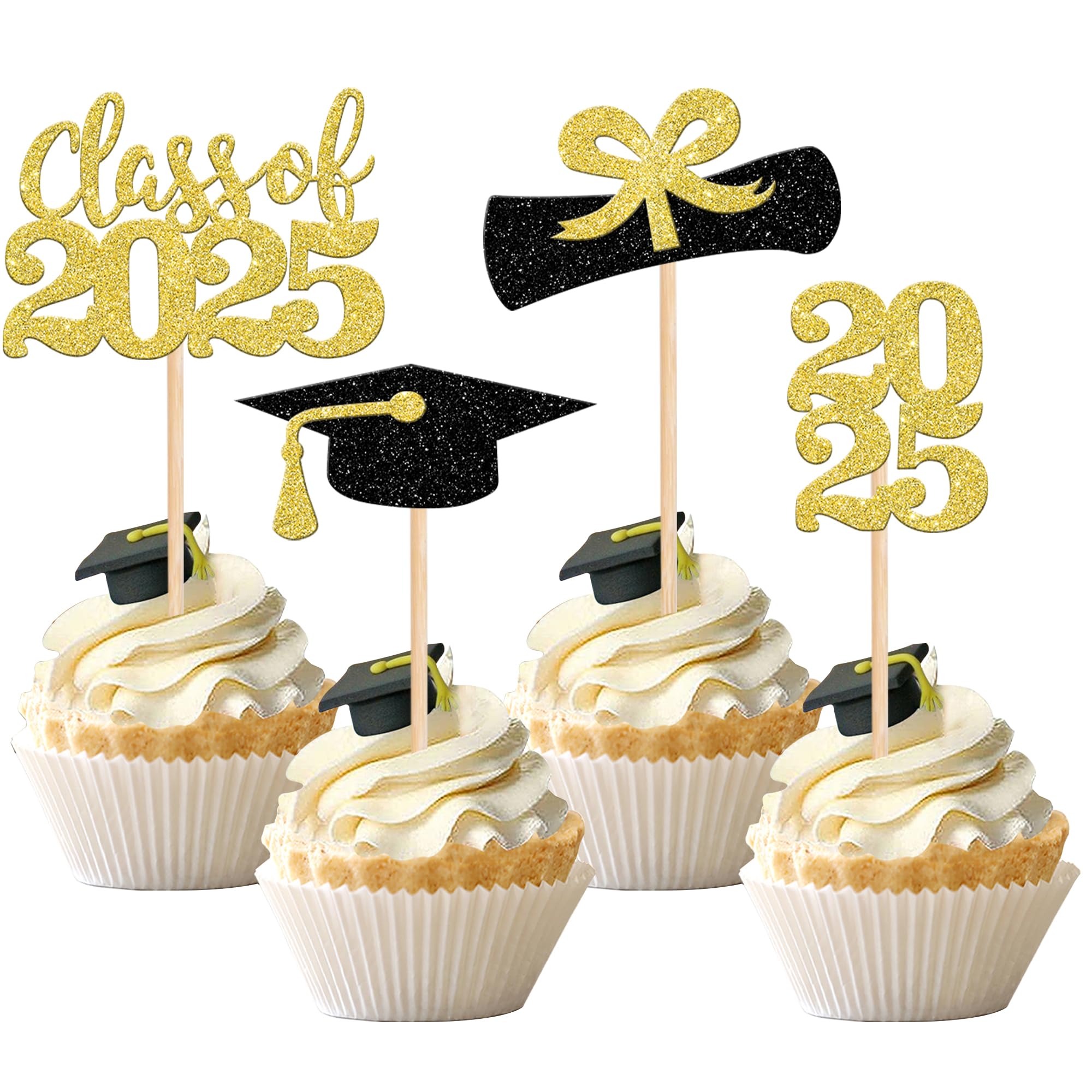 36 PCS 2025 Graduation Cupcake Toppers - Glitter Class of 2025 Graduation Cap & Diploma Cake Decorations - Gold Party Supplies for Graduation Ceremony, School Celebration & Dessert Table Decor