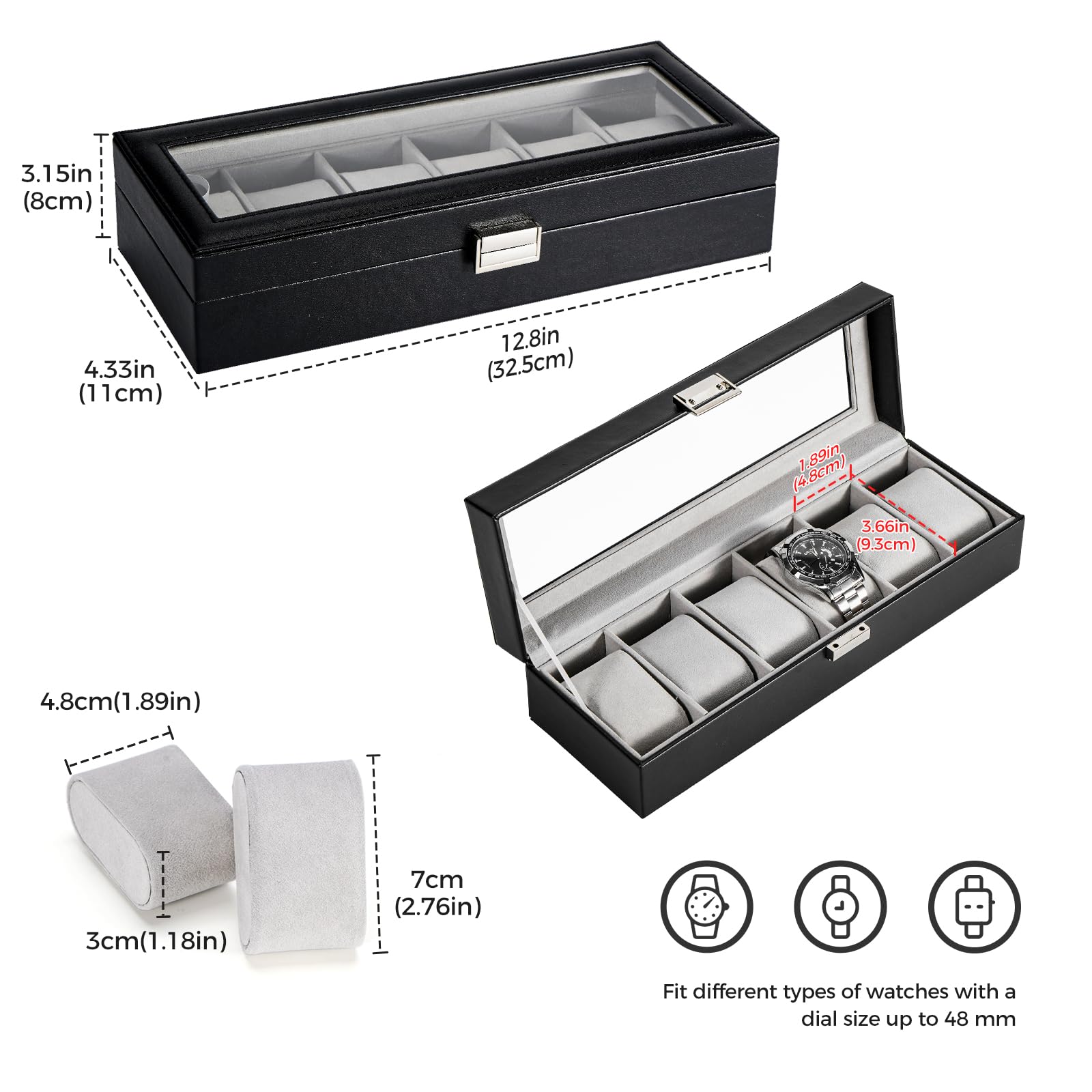 ProCase 6-Slot Watch Box for Men - Premium Watch Storage Organizer with Glass Lid, Black - Perfect for Watch Display, Collection & Travel Accessories