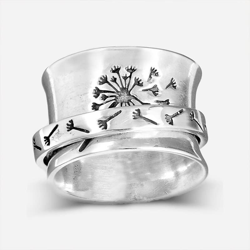 925 Sterling Silver Dandelion Flower Spinner Ring for Women - Anxiety Relief Fidget Jewelry, Meditation Spinner Ring for Stress Relief - Perfect for Office, Travel & Daily Wear (1PC)