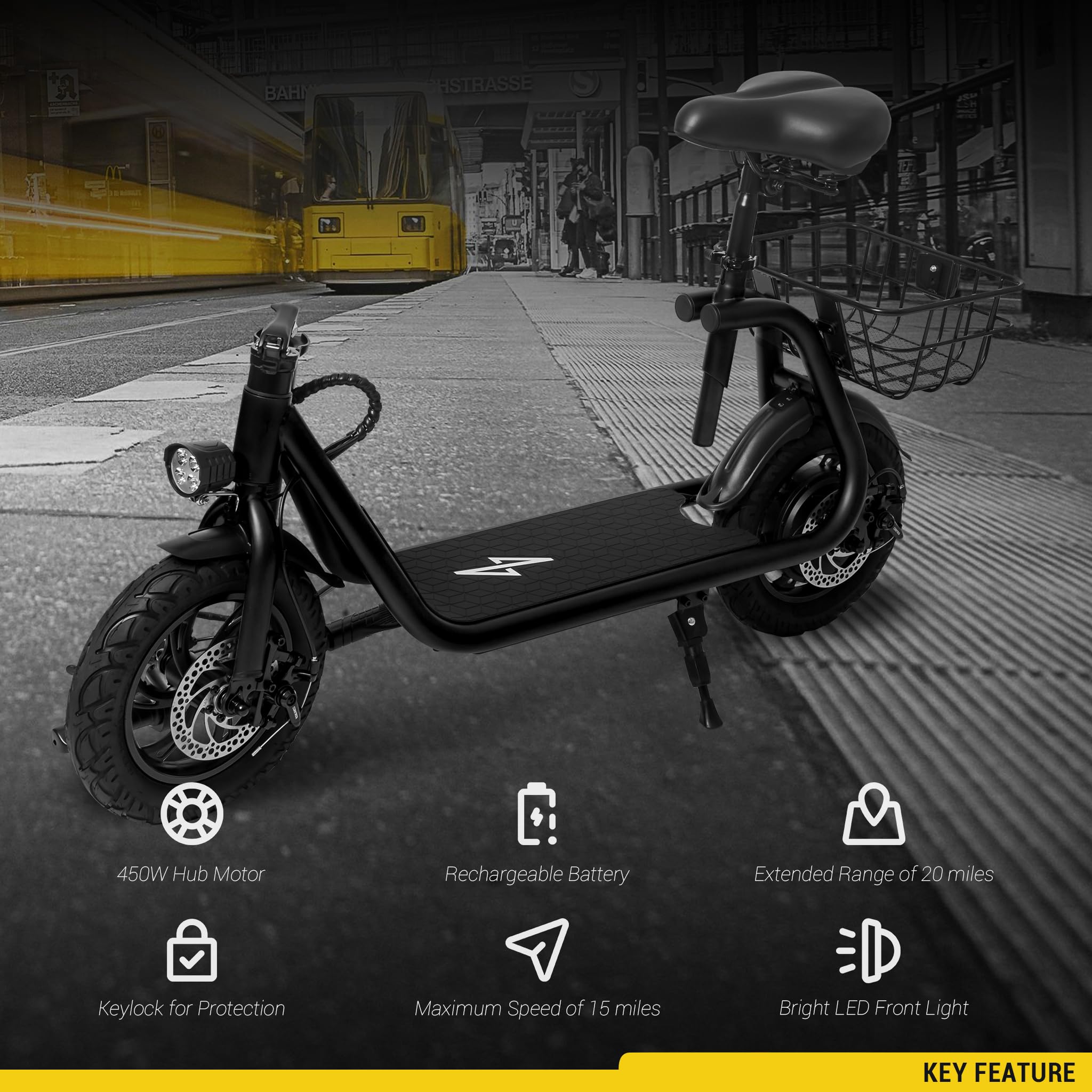 Phantomgogo Foldable Electric Scooter for Adults - 15MPH, 265lbs Max Load, Brushless Motor, with Seat & Carry Basket - Perfect for Commuting, Urban Travel & Last-Mile Transportation