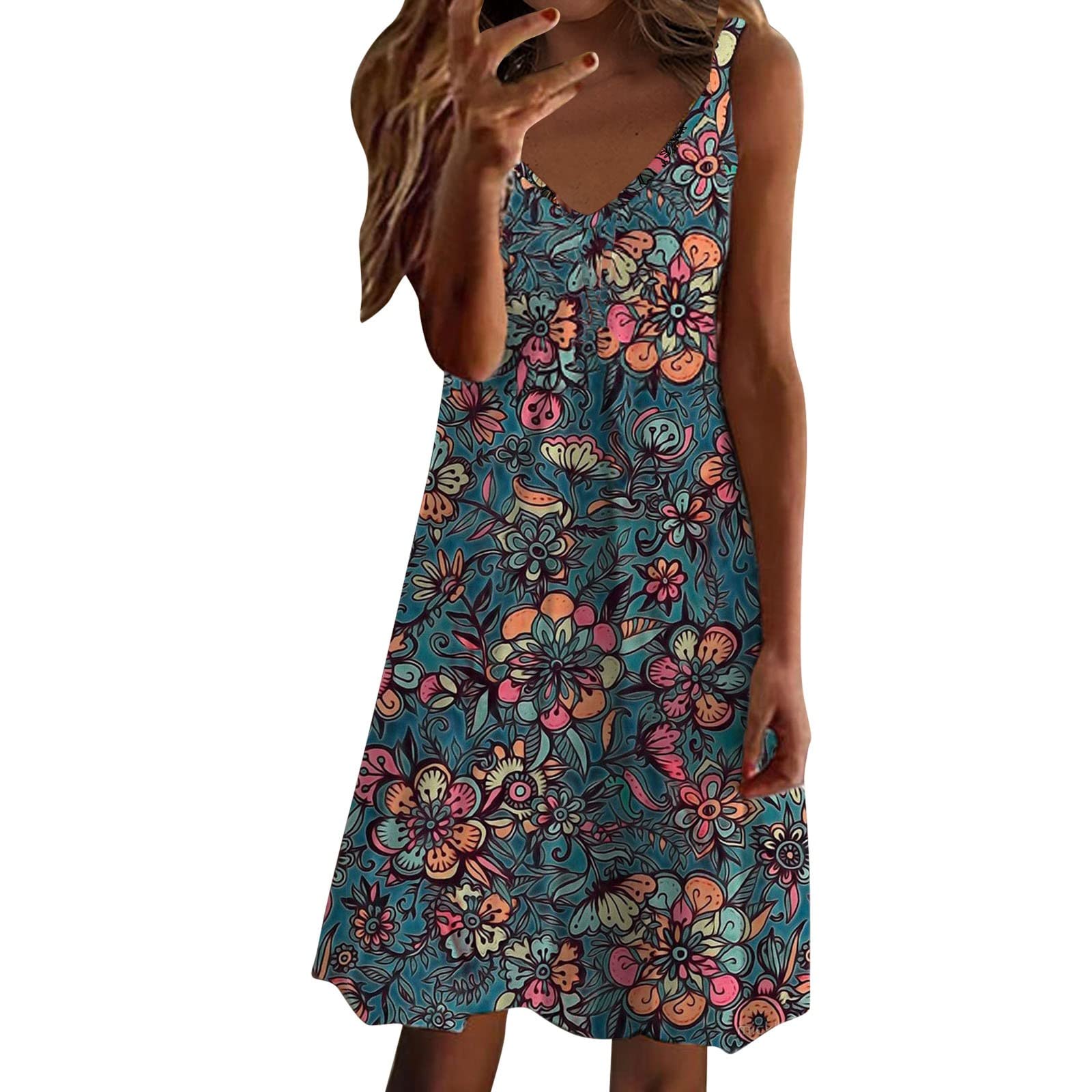 Boho Floral A-Line Summer Dress for Women - V-Neck Sleeveless Midi Sundress for Beach, Vacation & Casual Wear