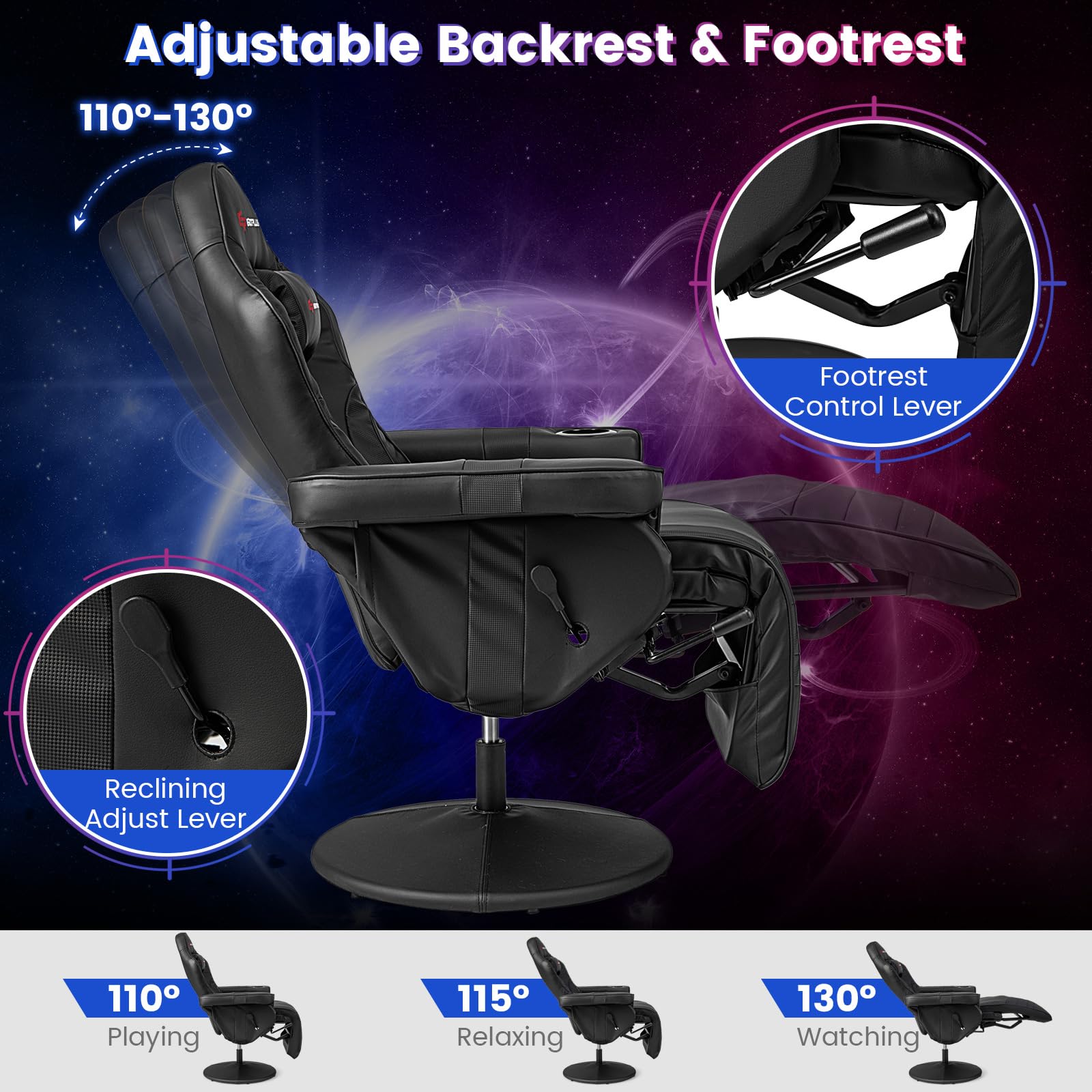 Goplus Ergonomic Gaming Chair - Adjustable Height, Massage, Retractable Footrest, Cup Holder & Headrest - Swivel Office & Racing Style Gamer Chair (Black) - Perfect for PC Gaming, Streaming & Home Office Work