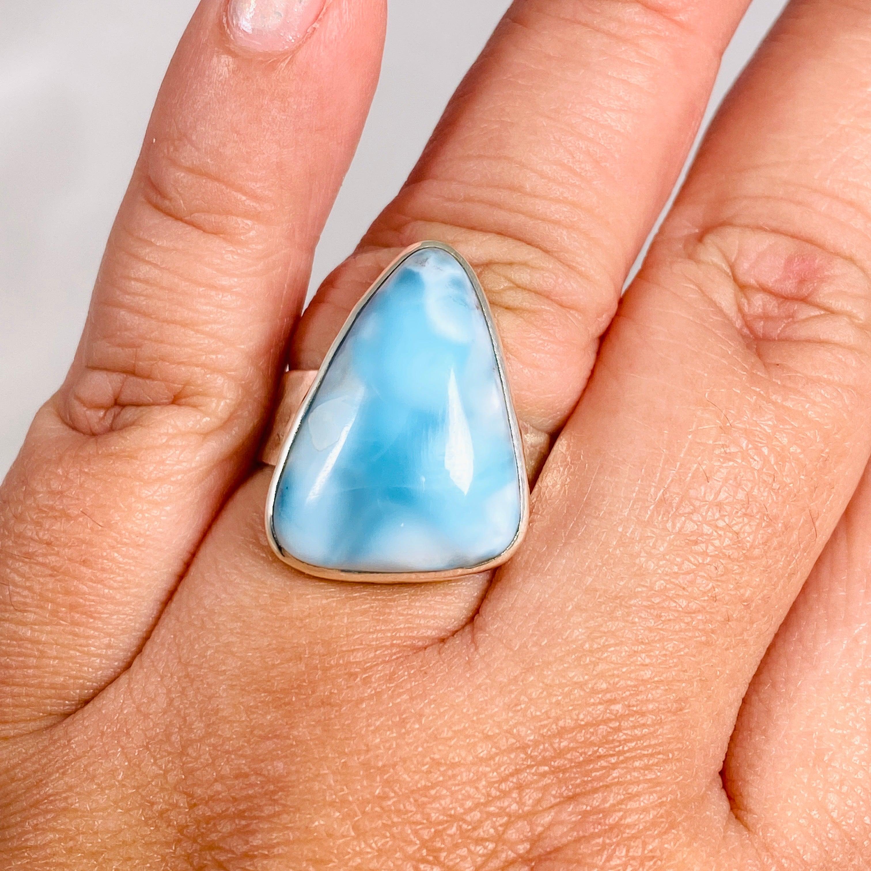 Larimar Triangular Ring with Hammered Band - Size 11 Sterling Silver Jewelry KRGJ3101 | Perfect for Boho Fashion, Beach Weddings & Gift Giving
