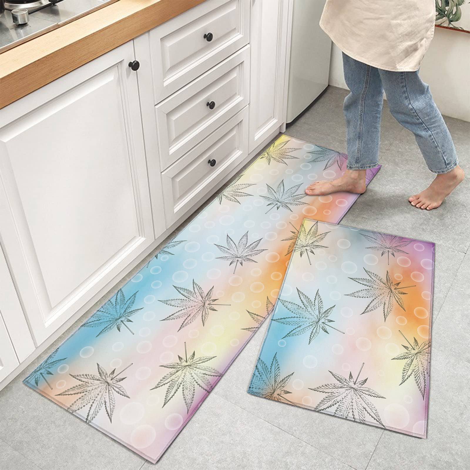 Premium Anti-Fatigue Kitchen Floor Mats - 2pc Set with Artistic Cannabis Leaf Design, Non-Slip Kitchen Rugs for Comfort & Safety | Perfect for Cooking, Baking & Standing Long Hours in Modern Kitchens