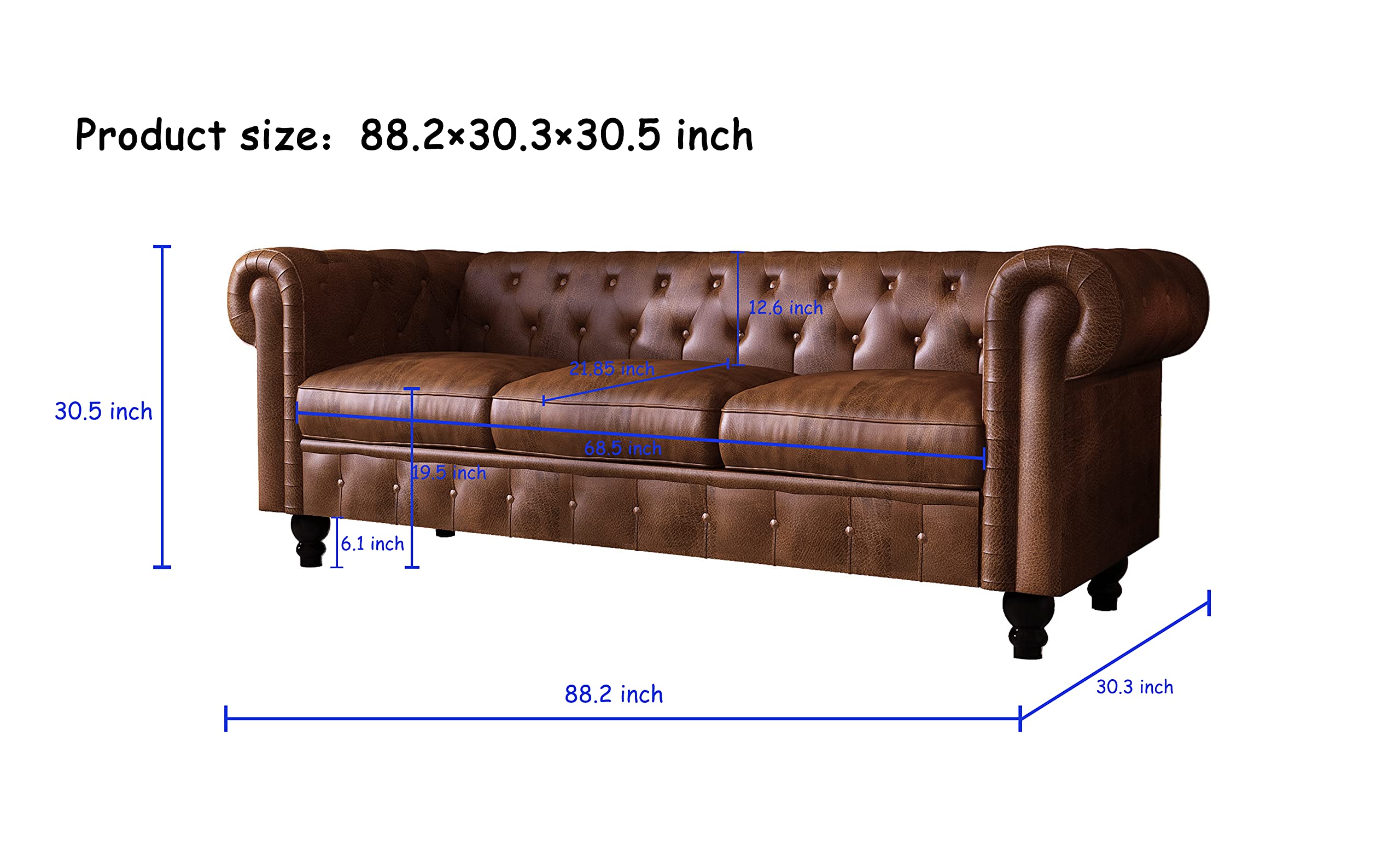 Yoglad Chesterfield Sofa - Faux Leather Rolled Arm 3-Seater Couch with Sturdy Wooden Frame | Perfect for Living Room, Bedroom & Apartment Decor | Classic Brown Leather Sofa for Cozy Home & Office Lounge