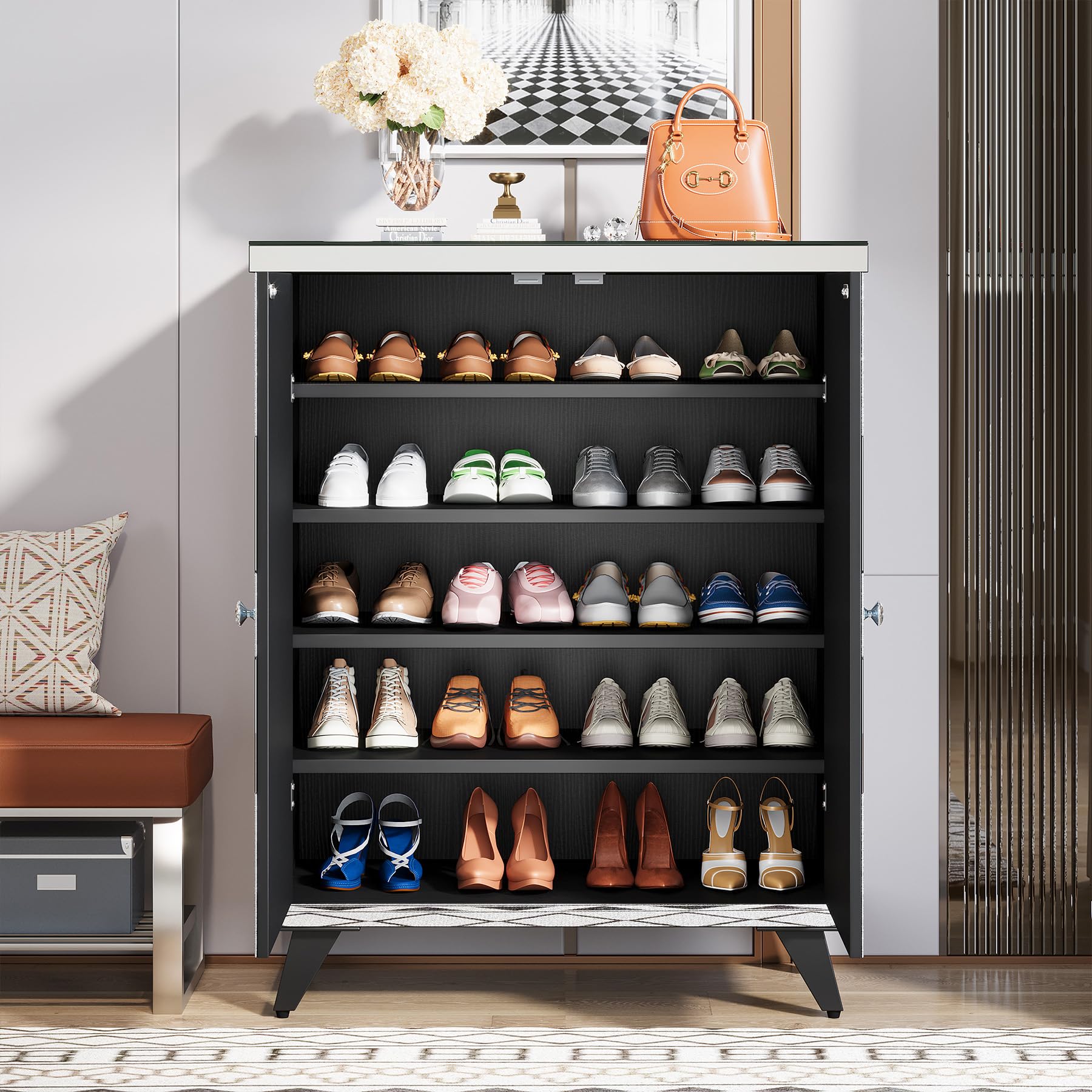 Tribesigns Modern Glass Shoe Storage Cabinet with Mirrored Doors & Crystal Crush Diamond Design - Entryway Shoe Organizer for Hallway, Closet, Bedroom (Perfect for Small Spaces & Home Decor)