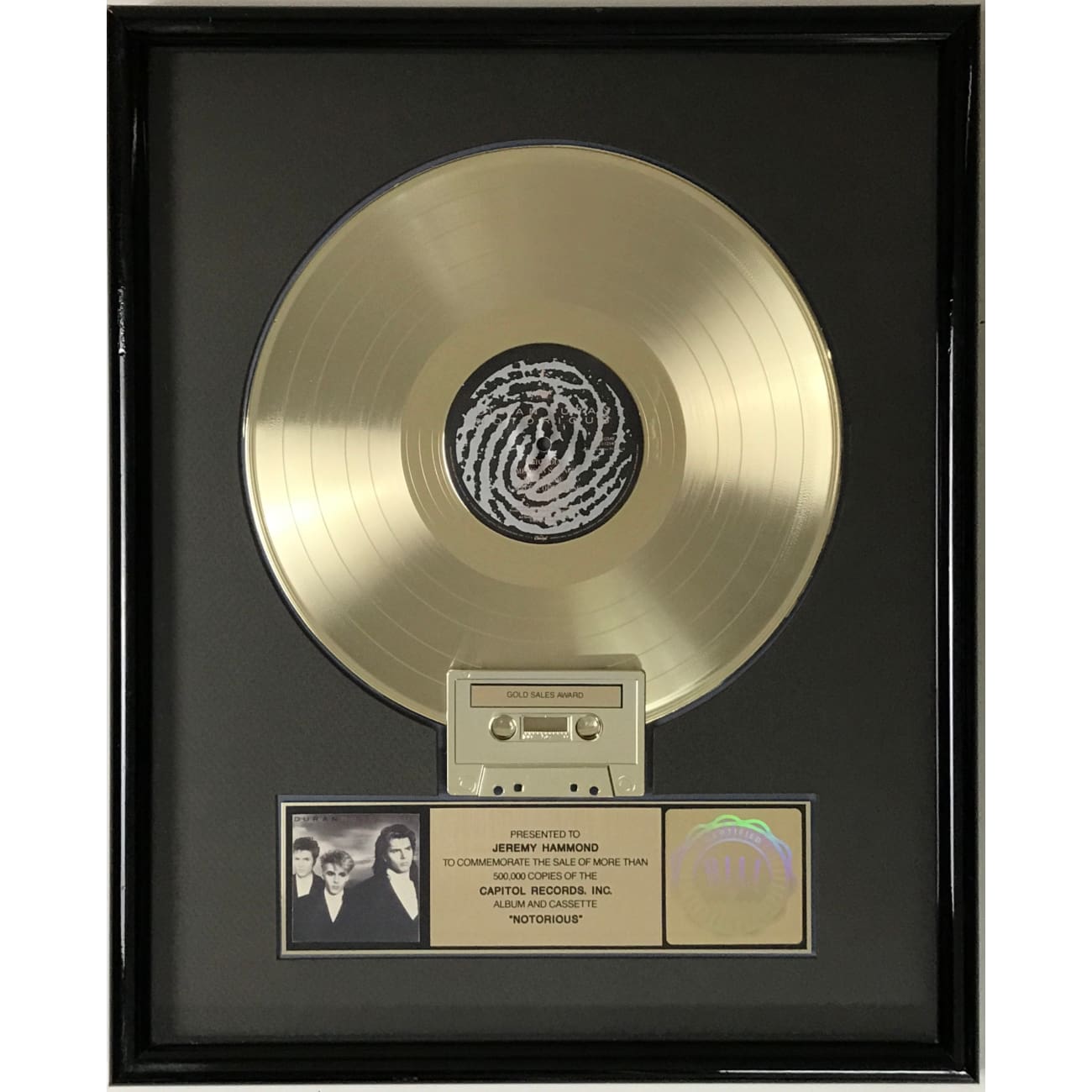 Duran Duran Notorious RIAA Gold Album Award - Vintage Music Collectible for Fans & Memorabilia Enthusiasts - Perfect for Display in Home, Office, or Music Room