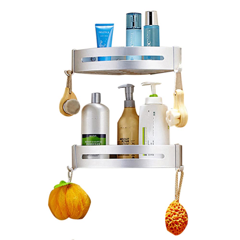 Adhesive Shower Caddy Organizer - No Drill Wall Mounted Bathroom Shelf with Hooks, 2-Tier Aluminum Storage for Shampoo & Soap - Perfect for Small Showers & Apartment Bathrooms (Silver)