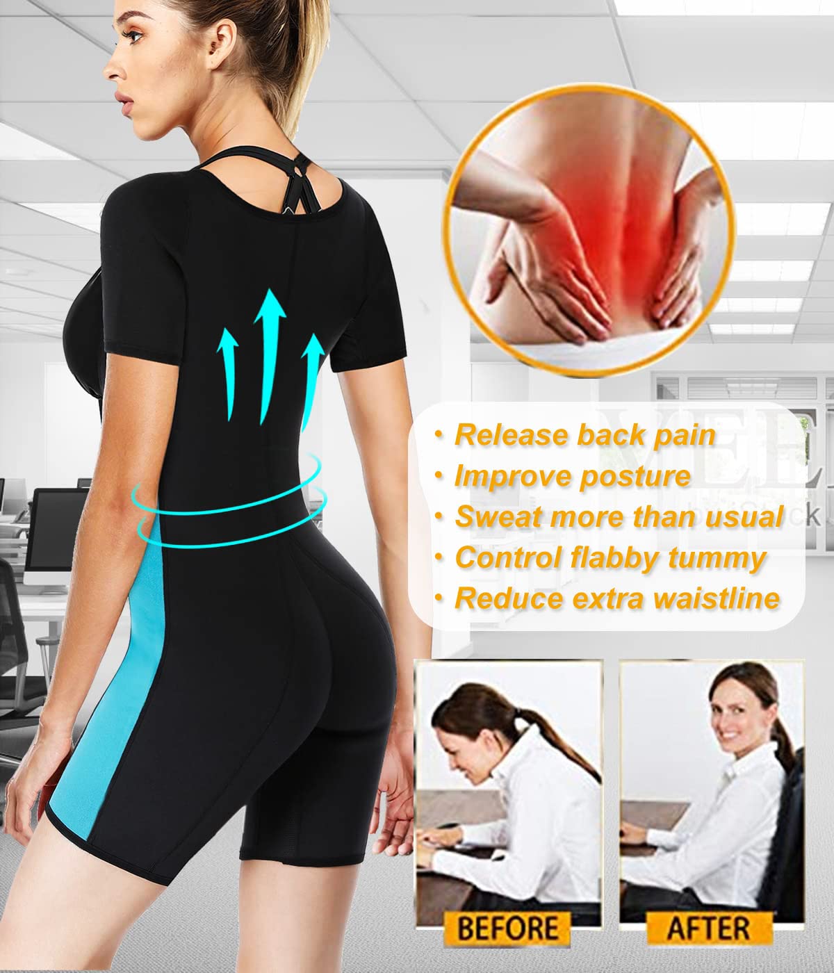 NonEcho Women's Neoprene Sauna Suit - Full Body Slimming Shapewear with Sleeves | Waist Trainer for Workout & Weight Loss | Perfect for Gym, Running, Sauna & Home Fitness