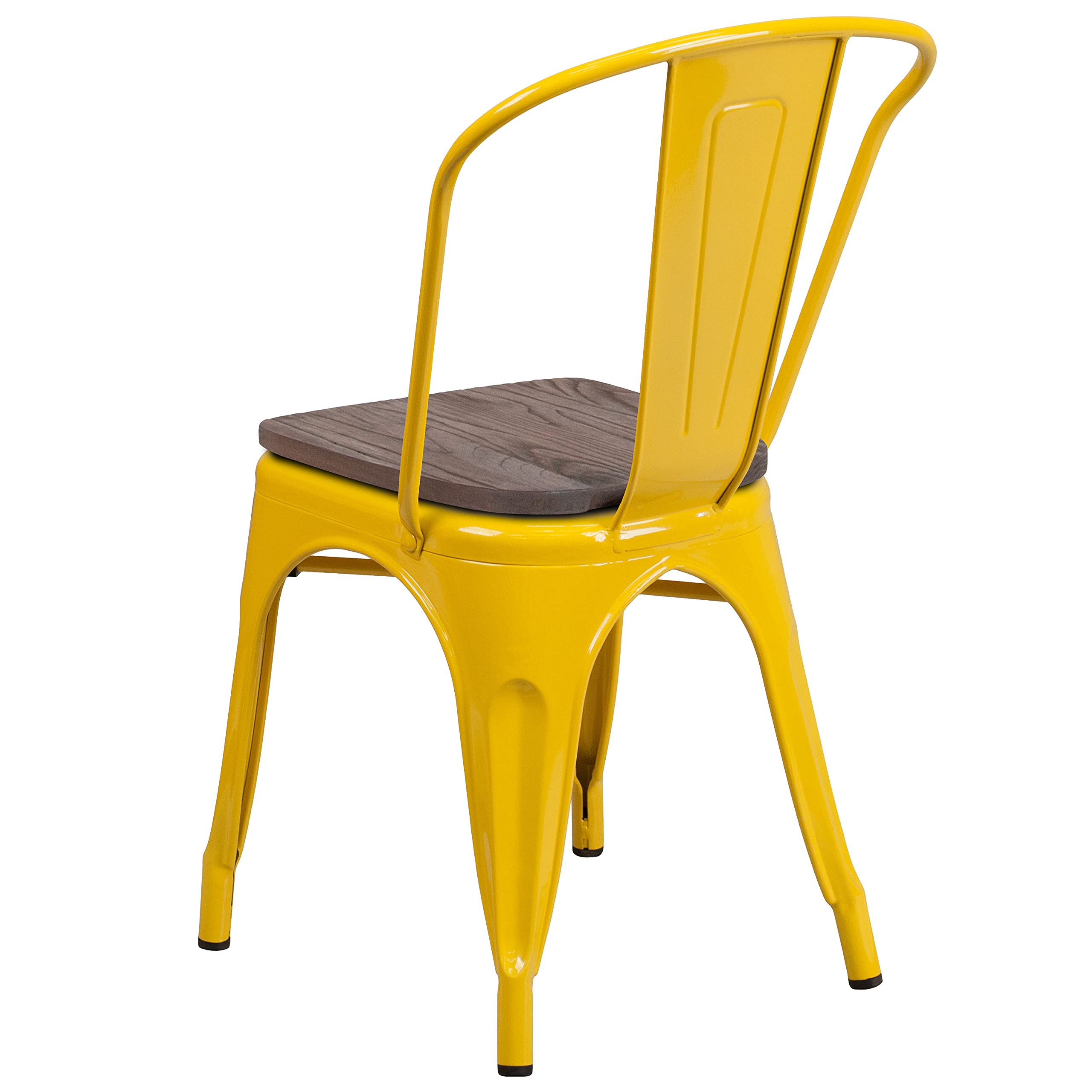 4 Pack Yellow Metal Stackable Chairs with Wood Seat - Commercial Restaurant & Bistro Chairs for Indoor/Outdoor Dining, Cafes, and Events