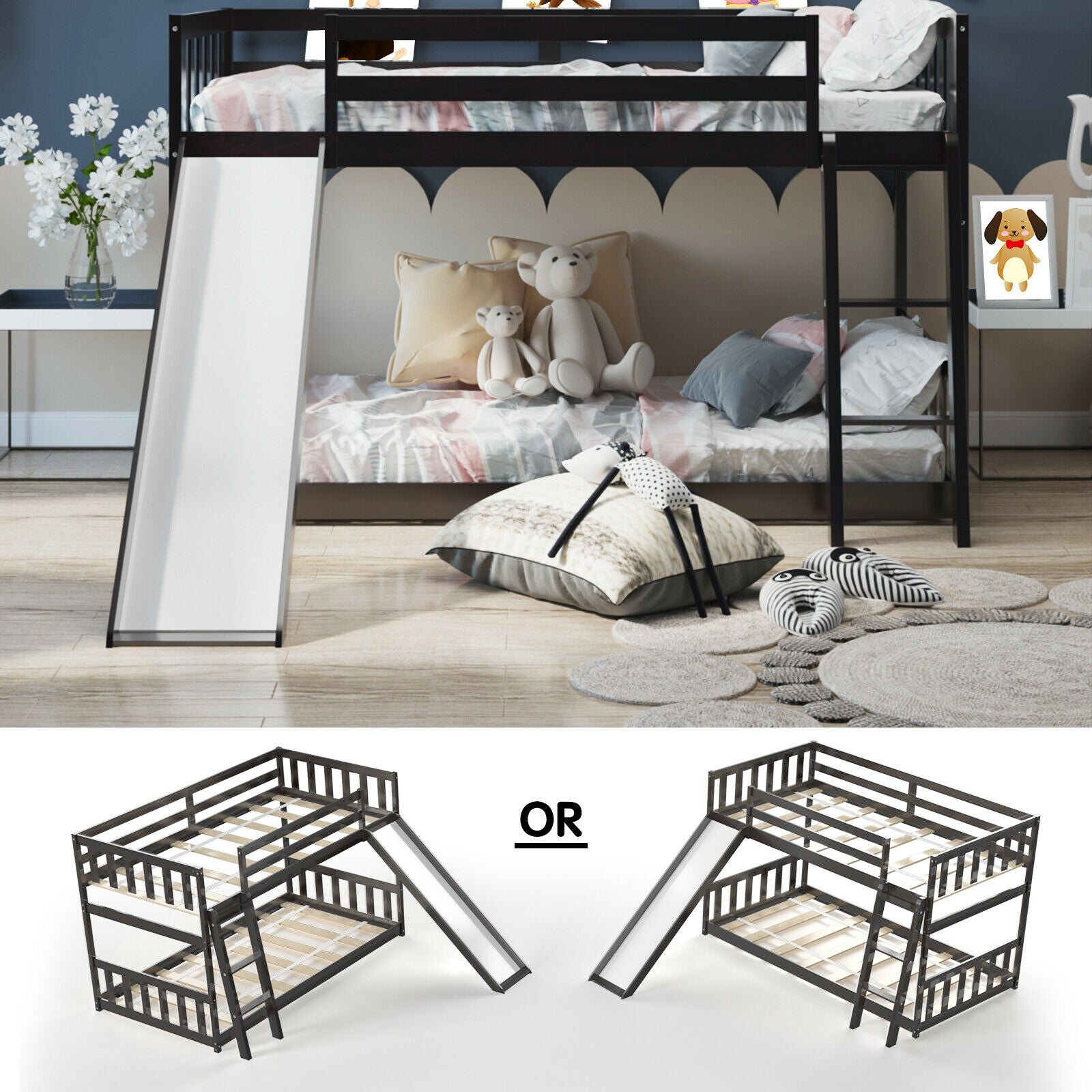 Twin Over Twin Wooden Bunk Bed with Slide Ladder for Kids - Dark Brown | Space-Saving Kids Bedroom Furniture for Siblings or Sleepovers