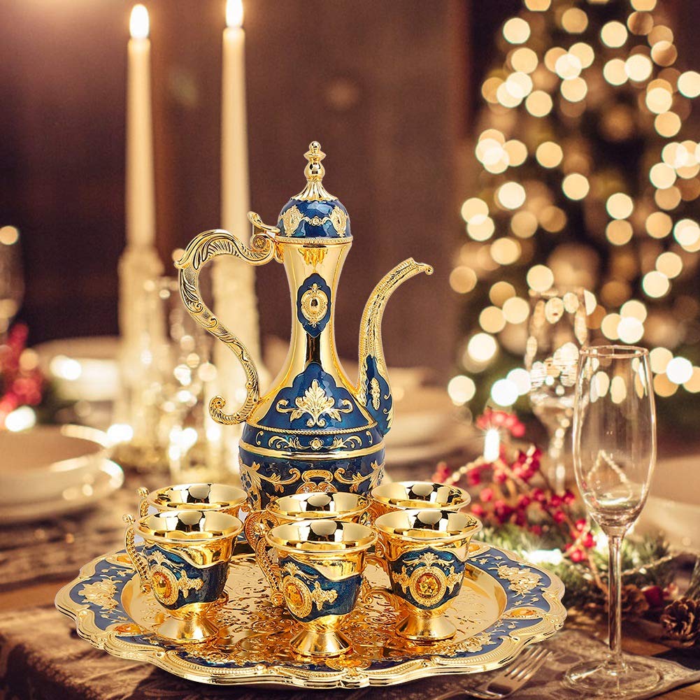 Vintage Turkish Tea Set with Gold Coffee Pot & 6 Cups - Elegant Metal Tea Set with Tray for Home, Bar, Tea Party, Wedding Gift - Perfect for Turkish Coffee Ceremonies & Afternoon Tea Gatherings