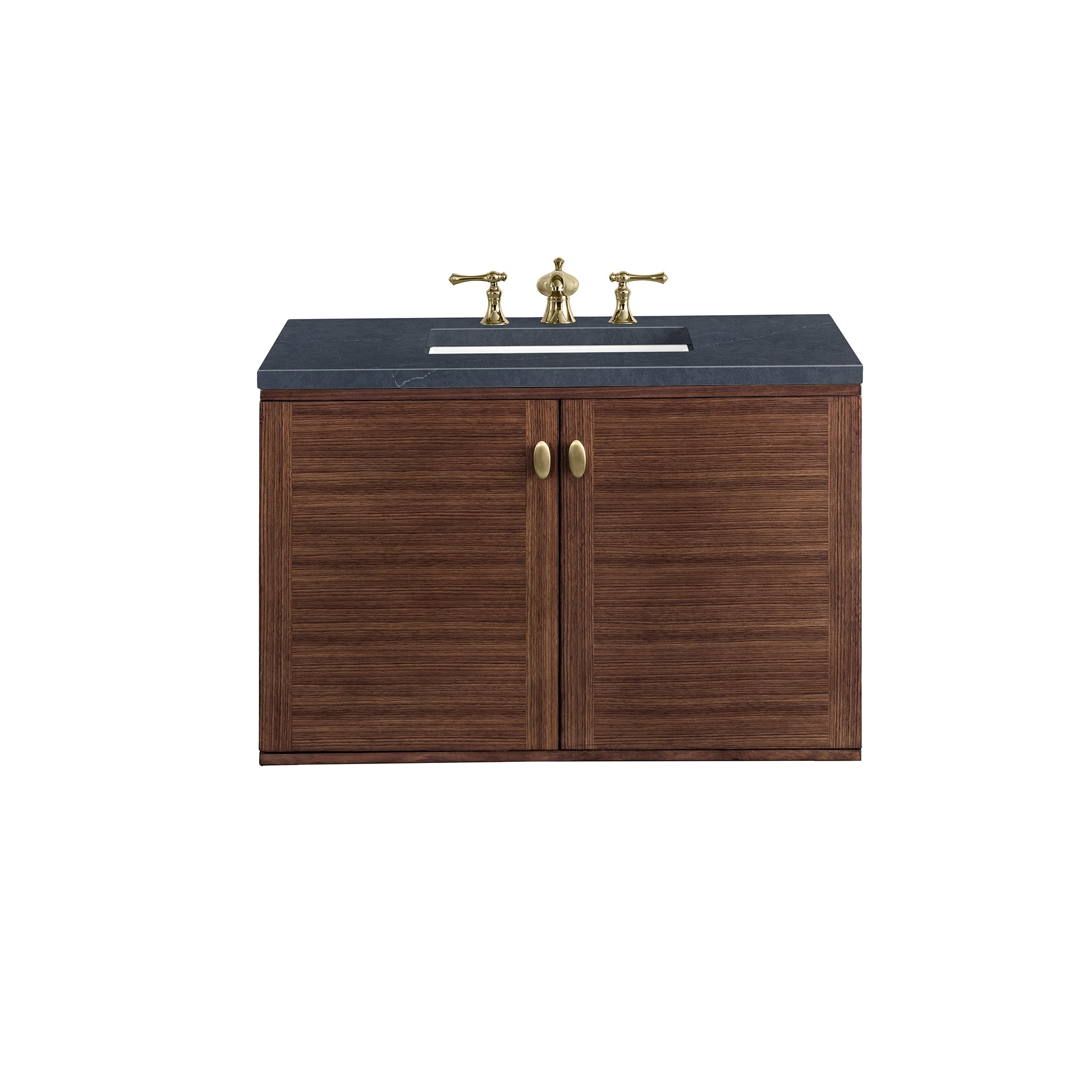Amberly 36 Inch Single Bathroom Vanity - Mid Century Modern Walnut Wood with 3CM Charcoal Soapstone Countertop | Perfect for Small Bathrooms & Powder Rooms