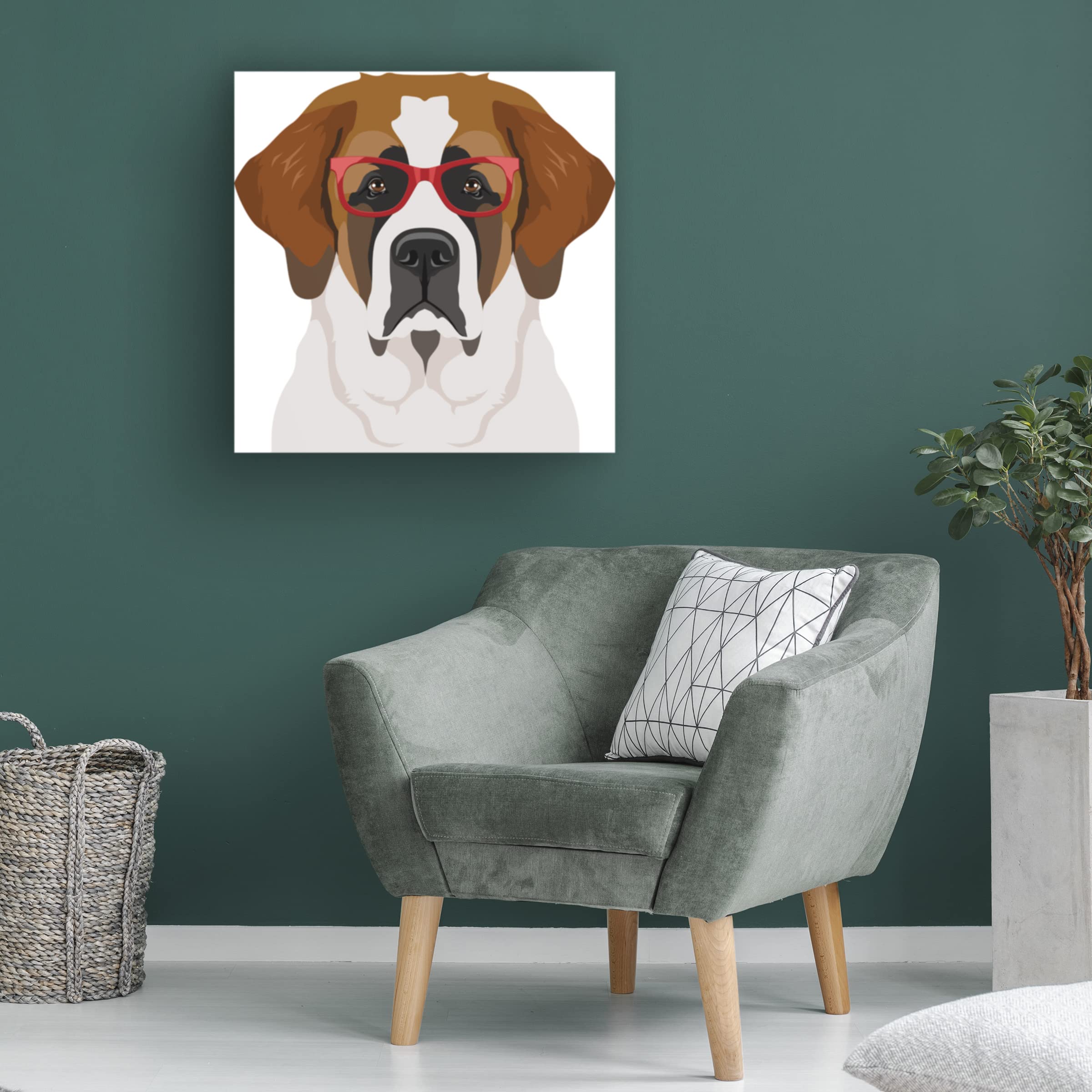 Trademark Fine Art 'Saint Bernard Wearing Hipster Glasses' Canvas Wall Art Print - Funny Dog Portrait for Living Room, Bedroom & Office Decor