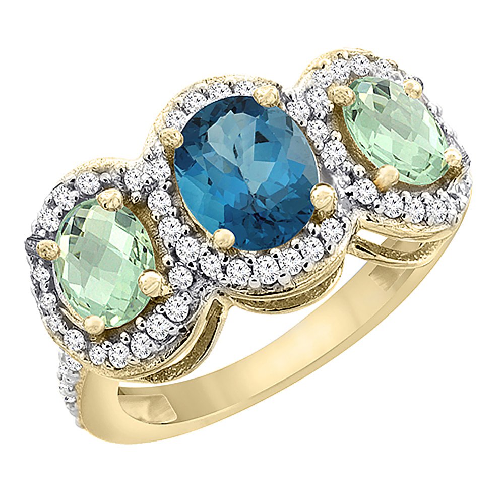 10K Yellow Gold Natural London Blue Topaz & Green Amethyst 3-Stone Ring with Oval Diamond Accent - Sizes 5-10 | Elegant Birthstone Jewelry for Women, Perfect Gift for Anniversary, Engagement & Special Occasions