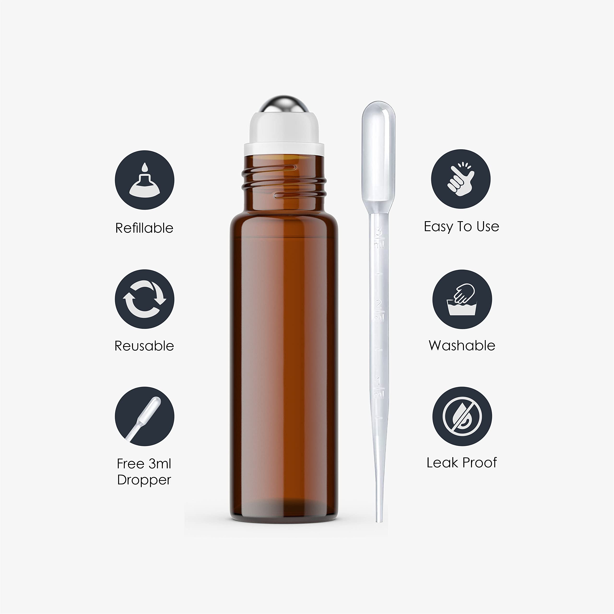 PACKCESS 10ml Amber Glass Roll On Bottles with Black Cap - Refillable & Reusable Essential Oil Containers for Perfume, Lip Gloss, DIY Cosmetics | Travel-Friendly for Under Eye Care, Aromatherapy & Attar Storage (5-Pack)