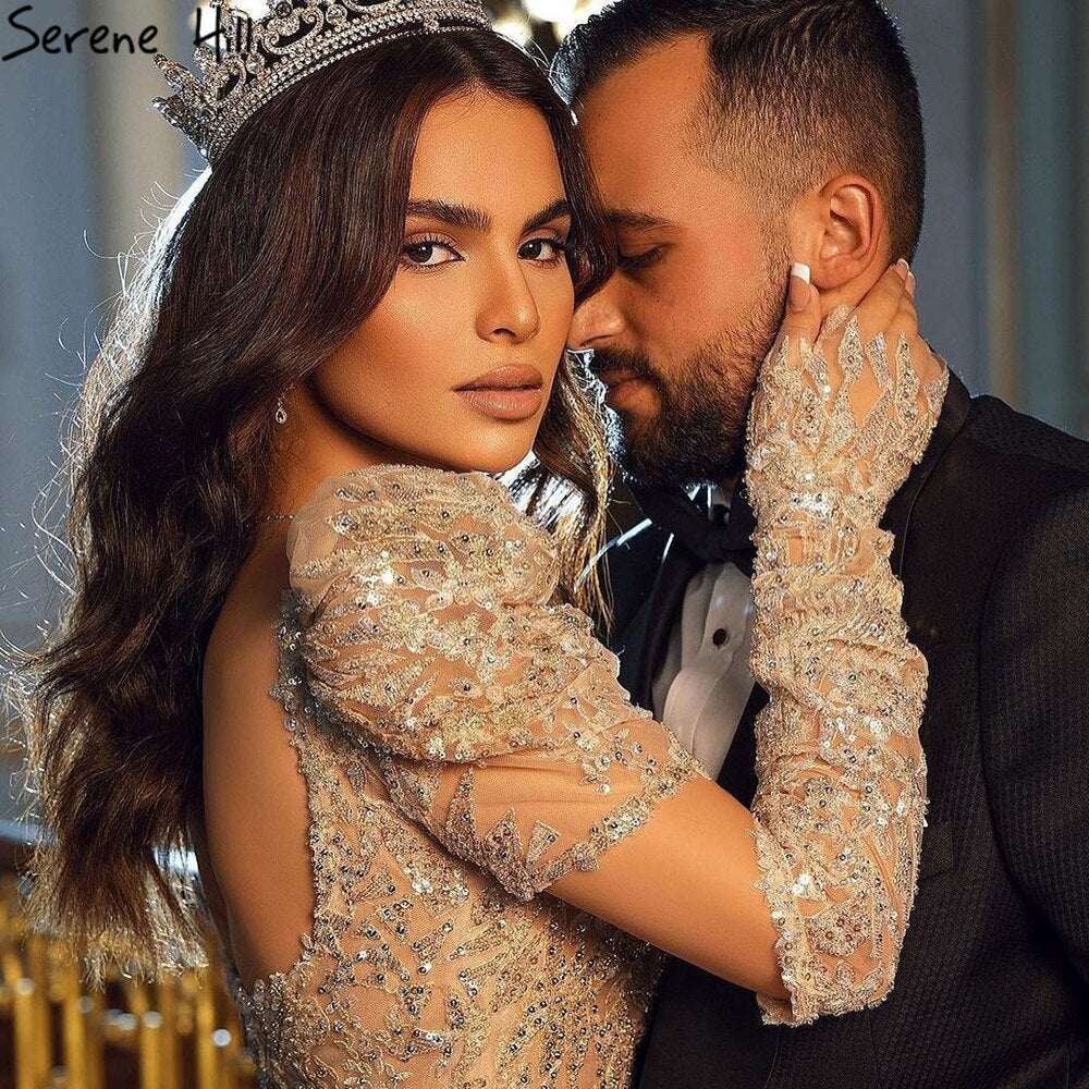 Serene Hill Ivory Luxury Detachable Sleeves Evening Dress Gown 2025 Mermaid Elegant Beaded Prom Dress for Women - Perfect for Weddings, Galas & Formal Parties LA71112