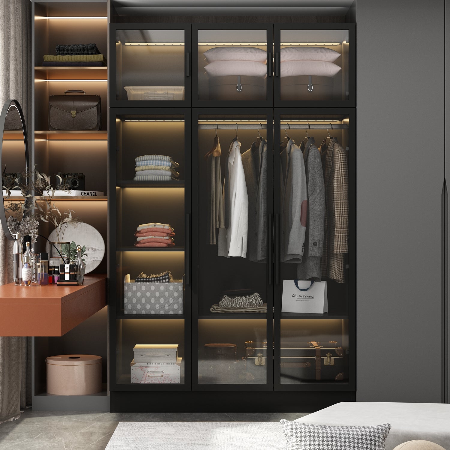 Large Wardrobe Armoire with LED Lights & Glass Doors - Spacious Clothes Organizer Cabinet for Bedroom, Walk-in Closet & Dressing Room Storage