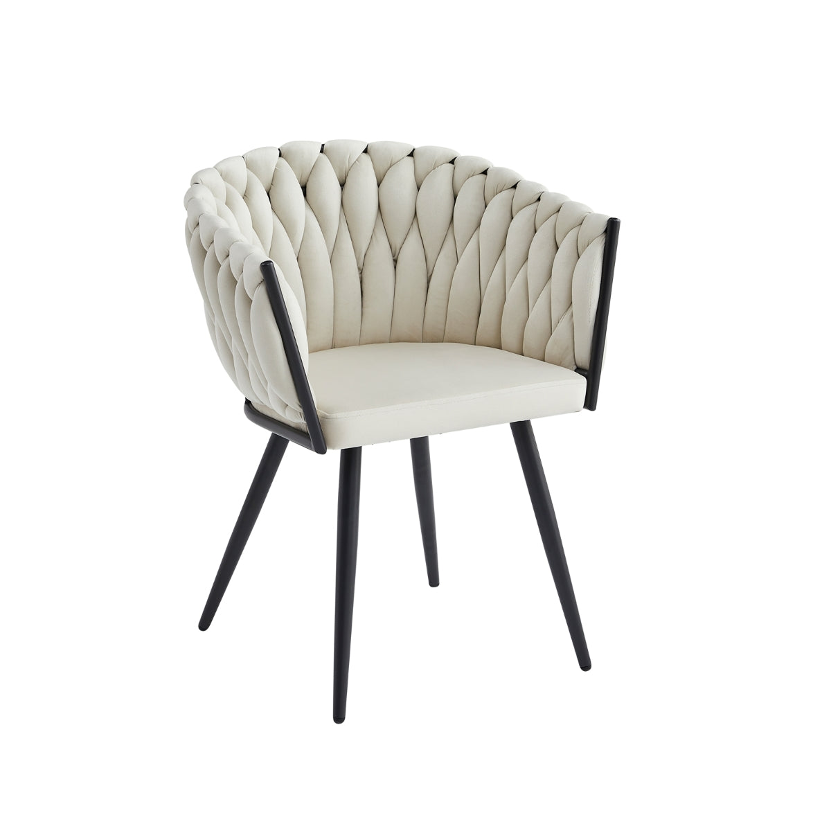 Beige Velvet Woven Braided Arm Chair Set of 2 - Modern Living Room Accent Chairs for Home Decor, Office, Lounge & Reading Nook