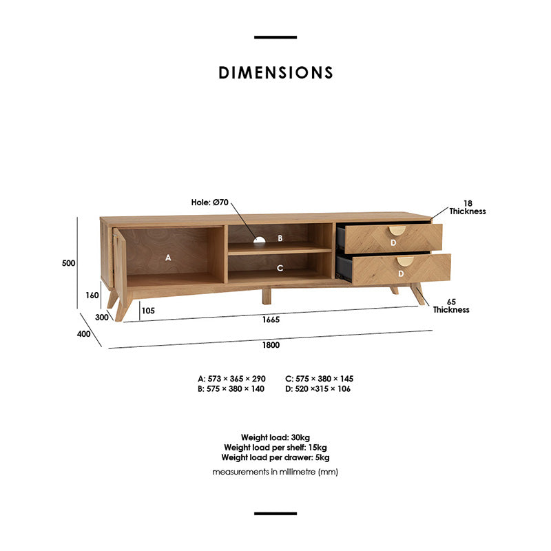 LOFTUS 180cm Oak Entertainment TV Stand - Modern TV Console for Living Room, Bedroom & Home Theater