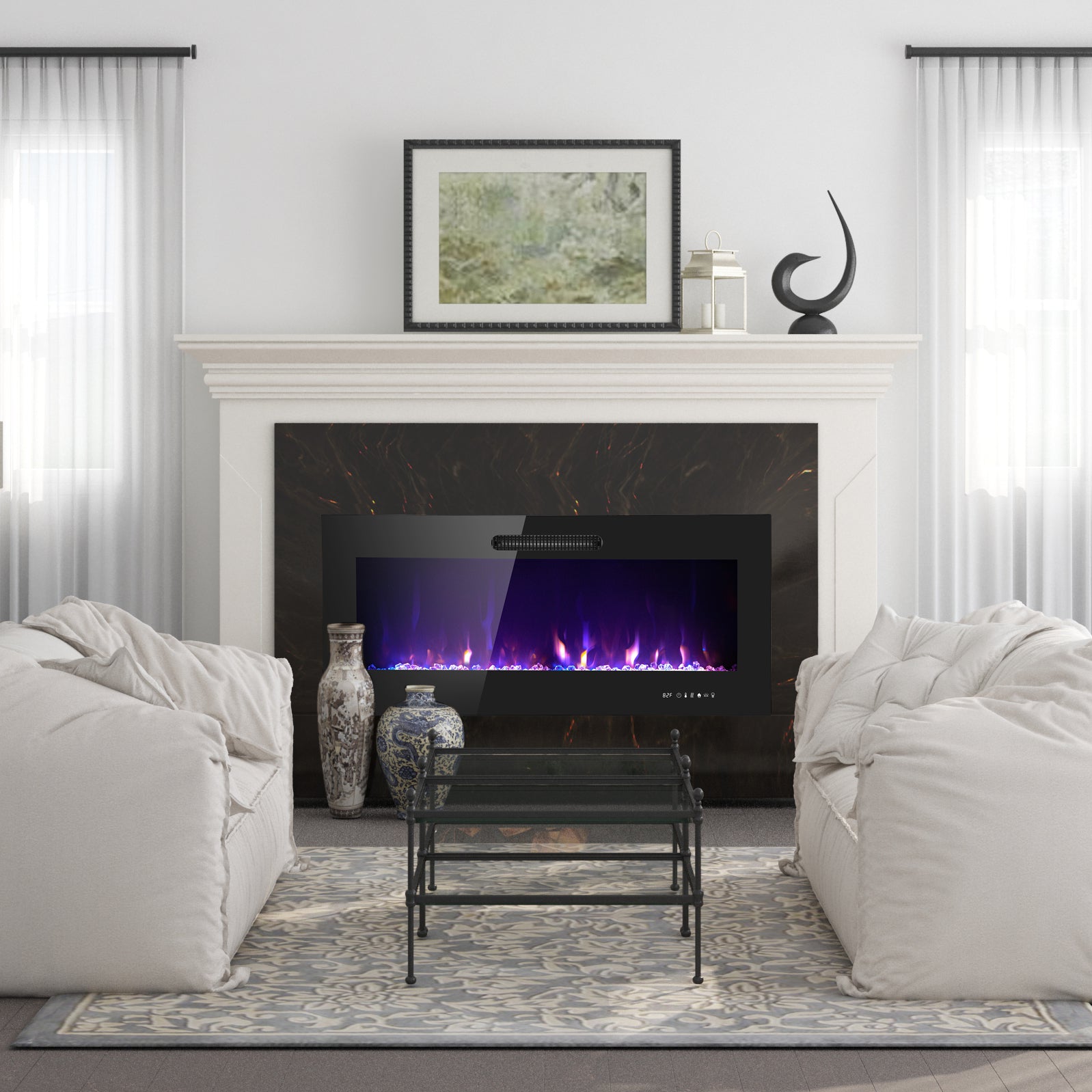 42 Inch LED Slim Electric Fireplace Insert - Wall Mounted Fireplace with 1500W Heater, Realistic Adjustable Flame, Remote Control (Log & Crystal Ember Options) - Perfect for Living Room, Bedroom & Office Heating & Decor