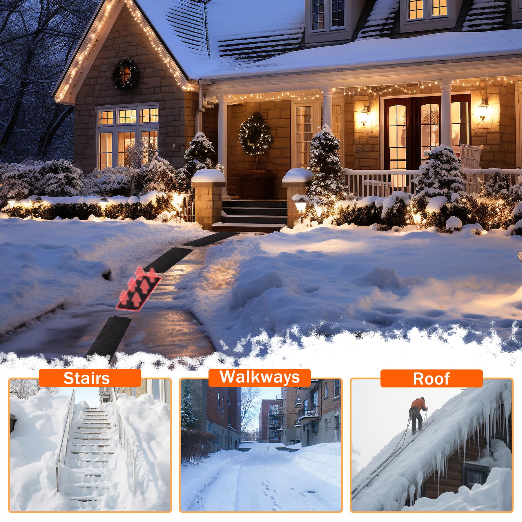 10x30ft Electric Snow Melting Mats for Outdoor Use - Anti-Slip Heated Walkway Mats for Winter - Durable Rubber Ice Melting Mats for Stairs, Steps & Floors (3PCS) - Perfect for Driveways, Patios & Entryways