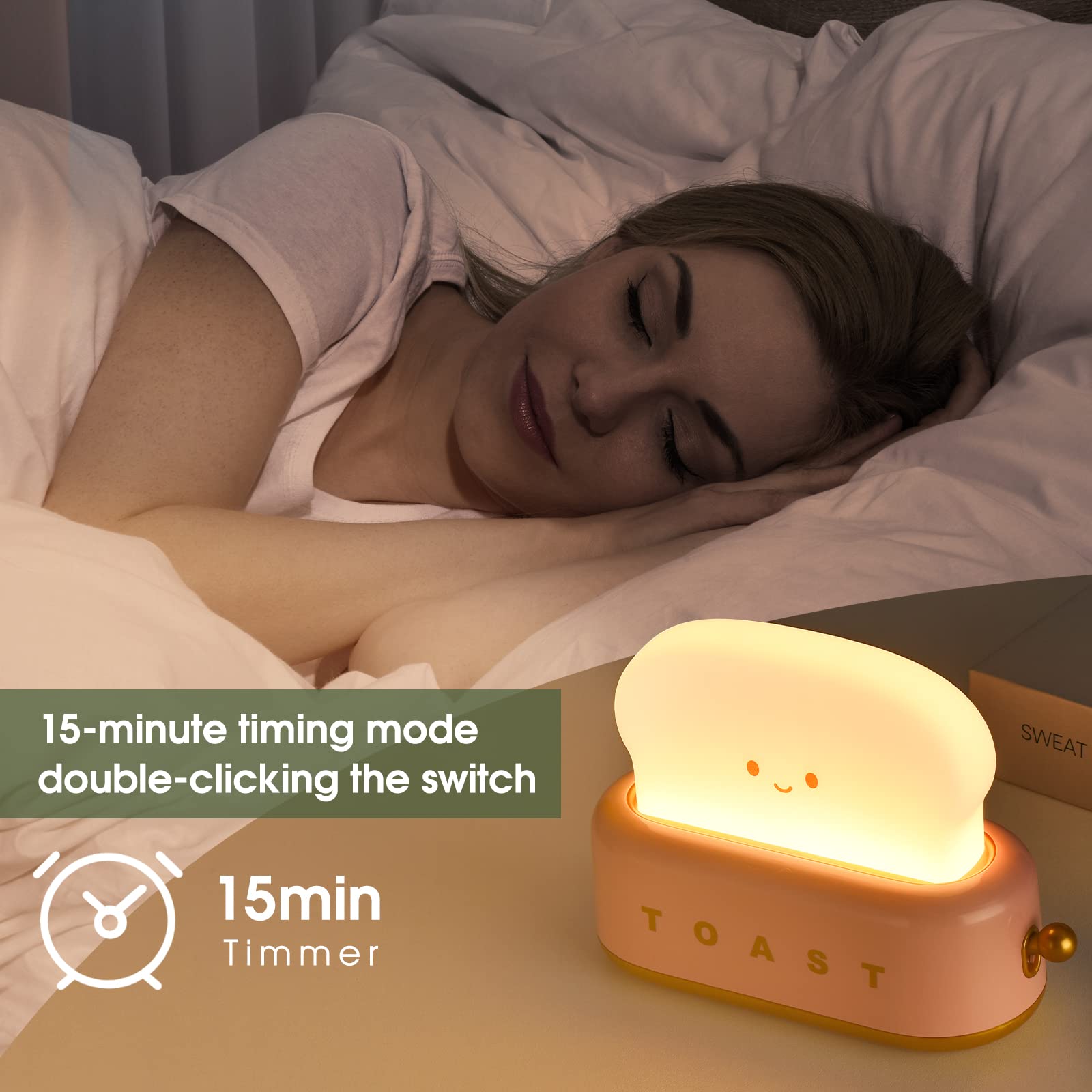 Kawaii Smile Toaster Night Light - Rechargeable LED Table Lamp with Timer & Auto Shutoff, Cute Home Decor for Bedroom, Living Room, Office - Perfect Gift for Kids & Adults (Yellow) - Creates Cozy Ambiance for Reading, Relaxing & Nighttime Comfort