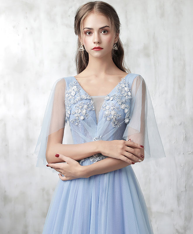 Elegant Blue V-Neck Tulle Lace Applique Long Prom Dress | Formal Evening Gown for Homecoming, Wedding & Special Occasions